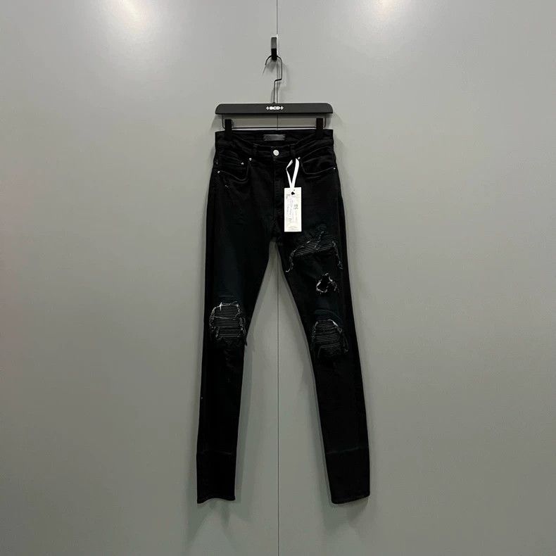 Amiri Amiri Black leather patched denim pants Size US 29 - 1 Thumbnail