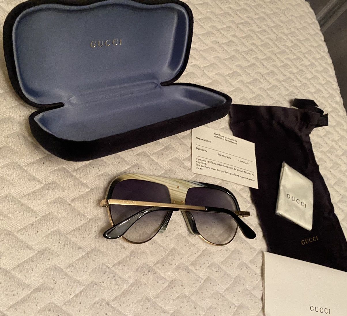 Gucci Gucci 🇯🇵 Grey/Moss Resin Amber GG Inlay Bridge Metal Gold NEW Size ONE SIZE - 14 Thumbnail
