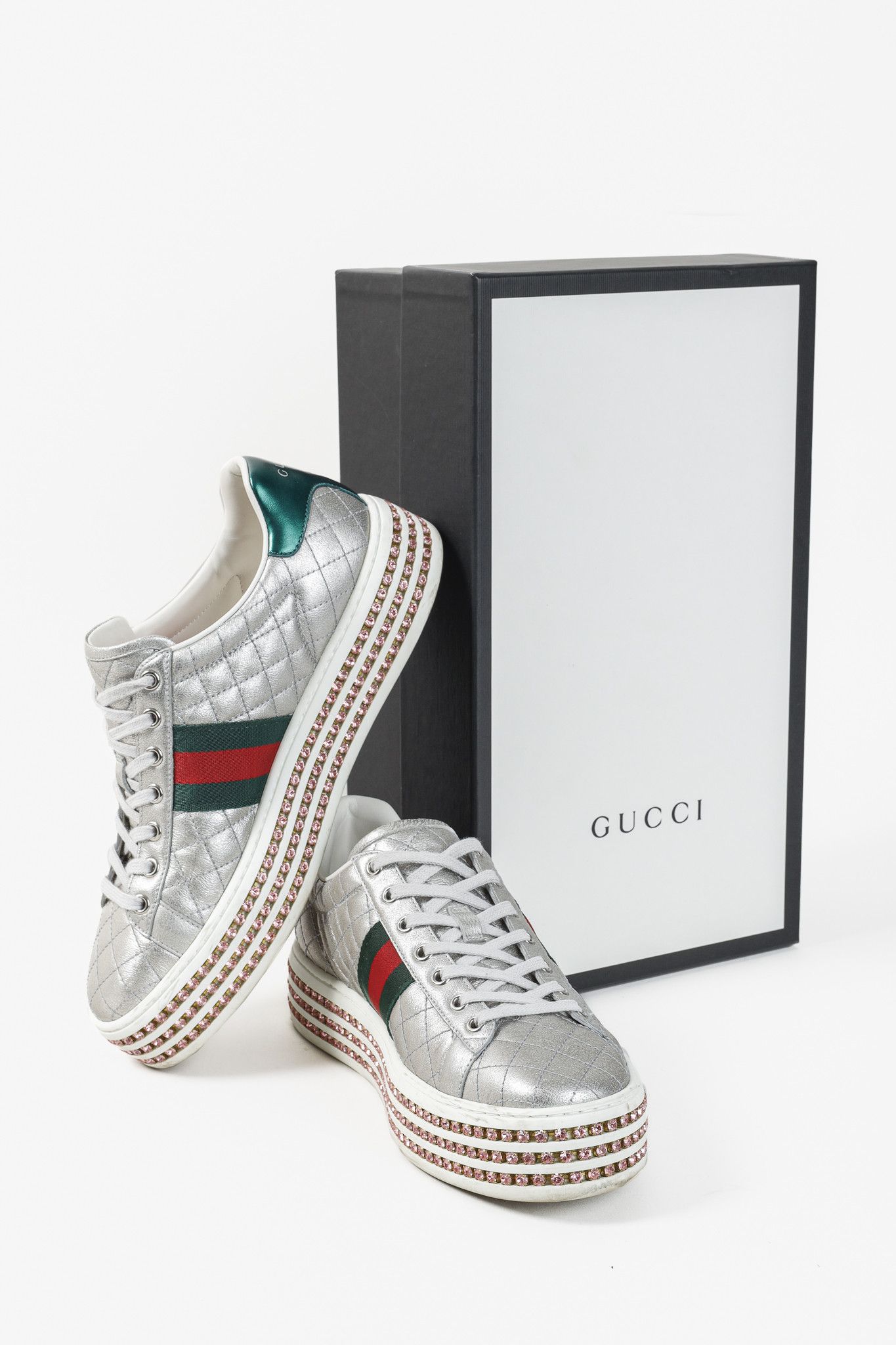 Gucci Gucci Ace Silver Quilted-Leather Crystal-Platform Sneakers Size US 9.5 / IT 39.5 - 14 Thumbnail