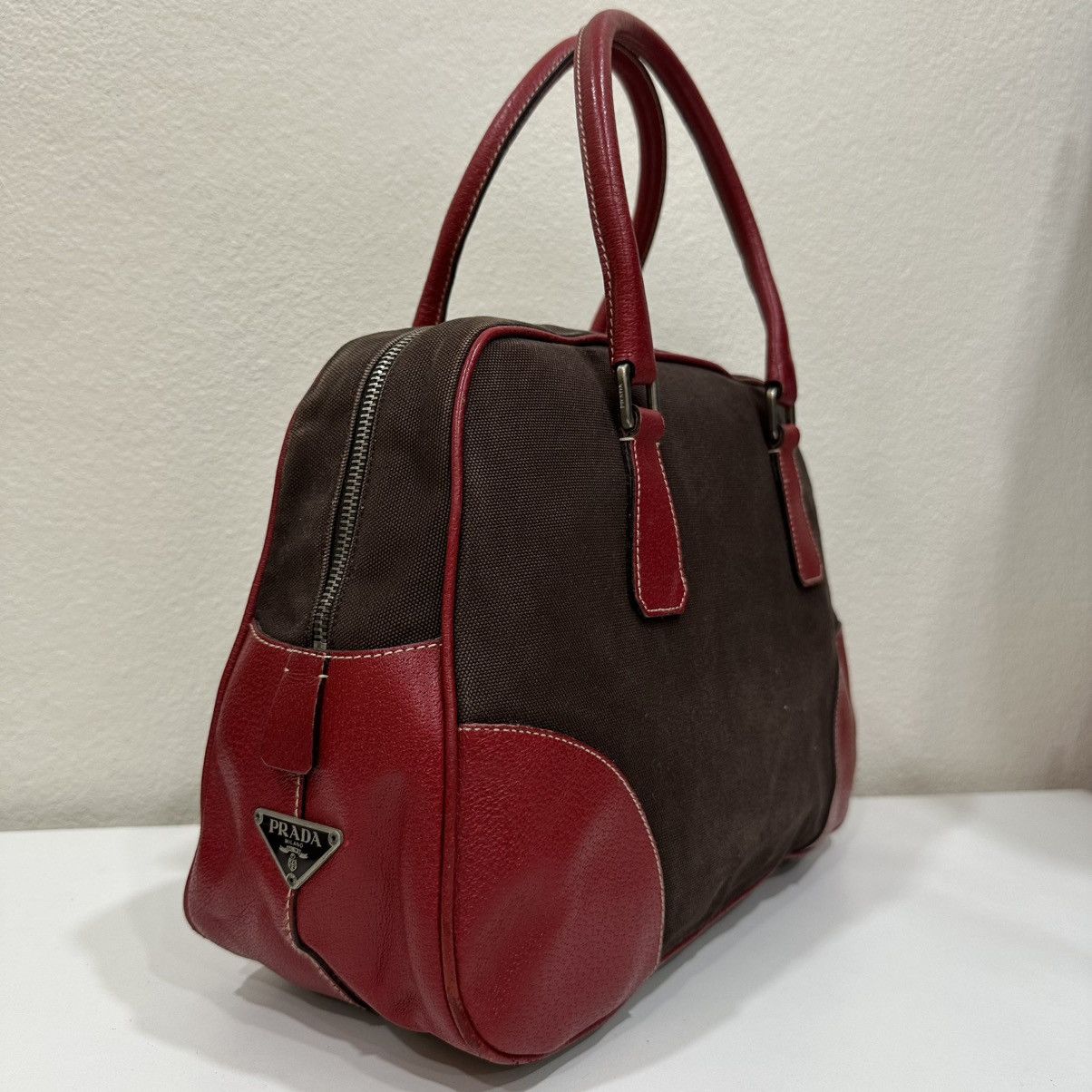 Prada PRADA BOWLING MINI BOSTON BAG BROWN CANVAS RED TRIM LEATHER Size ONE SIZE - 2 Thumbnail