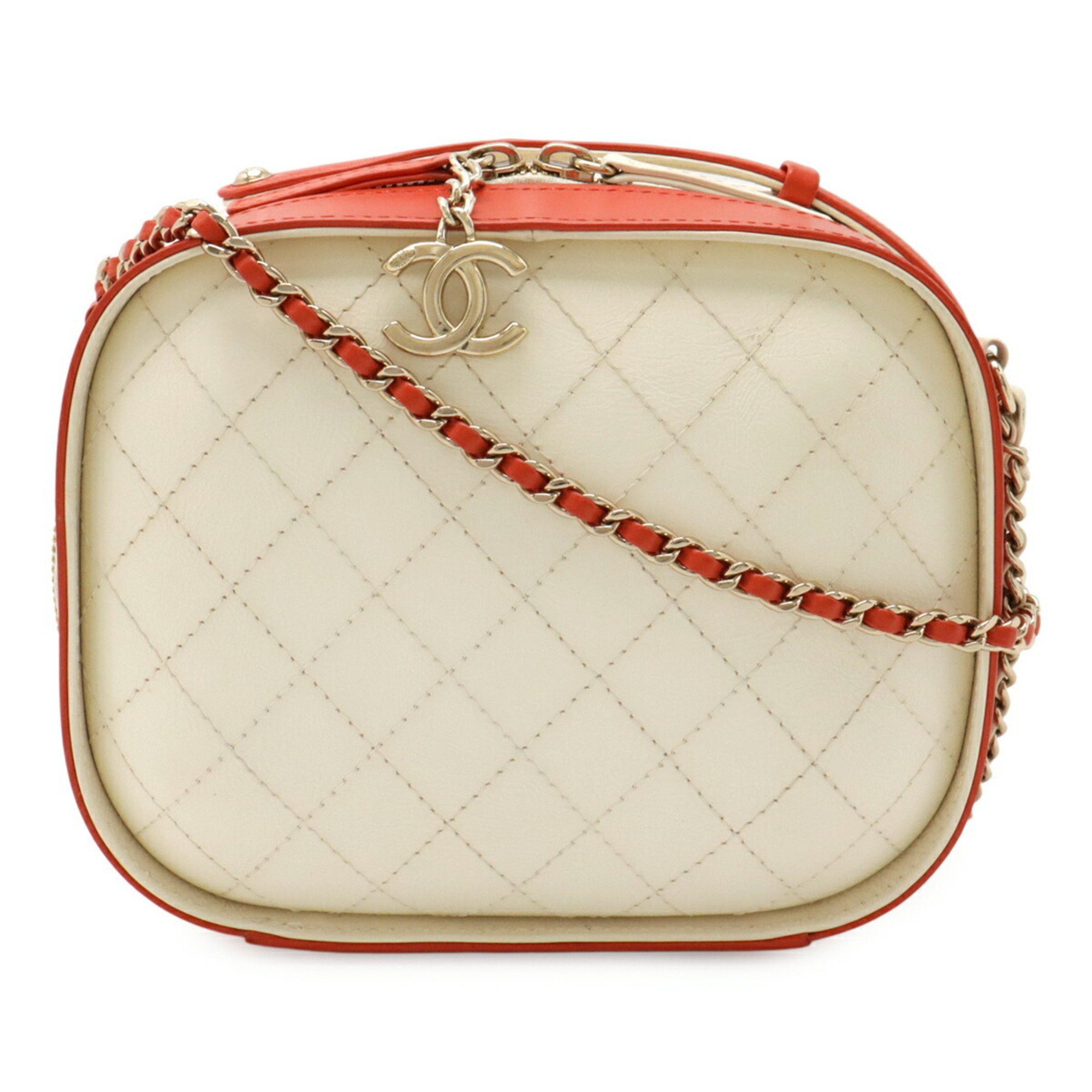 Chanel Matelasse Vanity Case Handbag Chain Shoulder Leather White Red