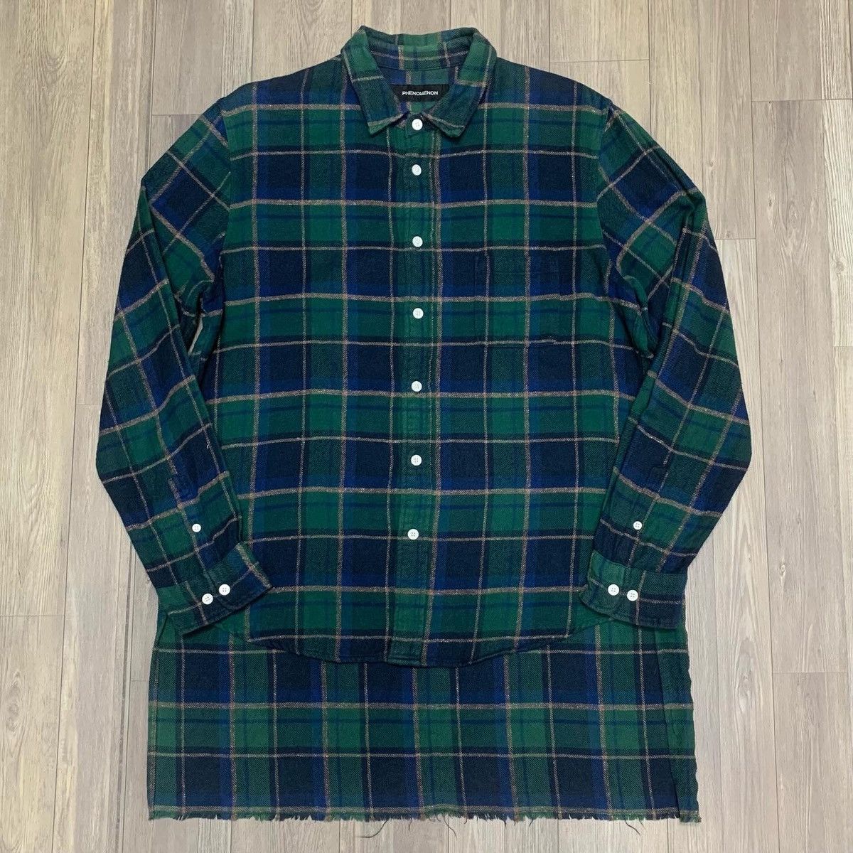 image of Phenomenon Aw2014 Long Back Layered Flannel Shirt in Green, Men's (Size Medium)