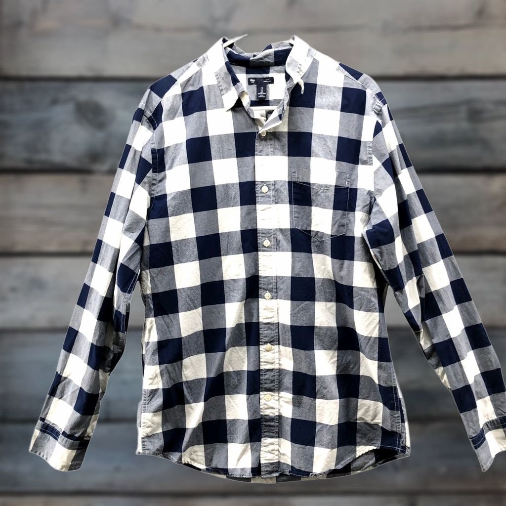 Gap Gap Poplin Slim Fit Shirt Mens L Long Sleeve Blue White Buffalo Plaid Cotton Size US L / EU 52-54 / 3 - 1 Thumbnail
