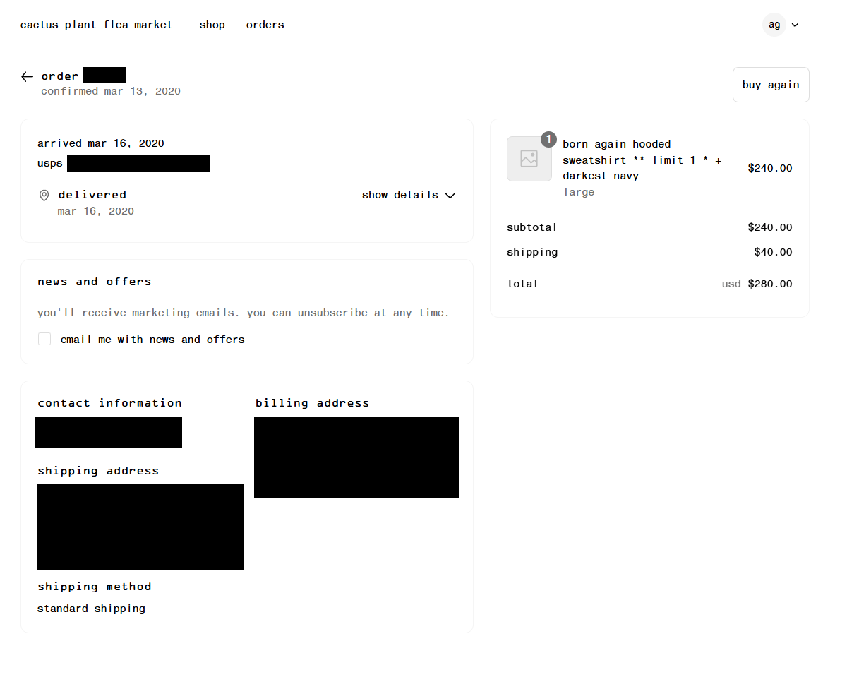 Cactus Plant Flea Market CPFM Born Again Hoodie Sweatshirt Darkest Navy (2020) Size US L / EU 52-54 / 3 - 5 Thumbnail