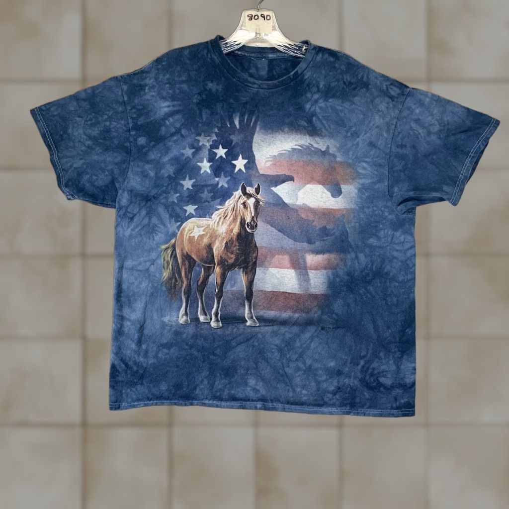 The Mountain VINTAGE The Mountain Men's Cotton T-Shirt Oversized Medium Patriotic American Flag Eagle Horse Stars Stripes Blue All Seasons Size US M / EU 48-50 / 2 - 1 Thumbnail