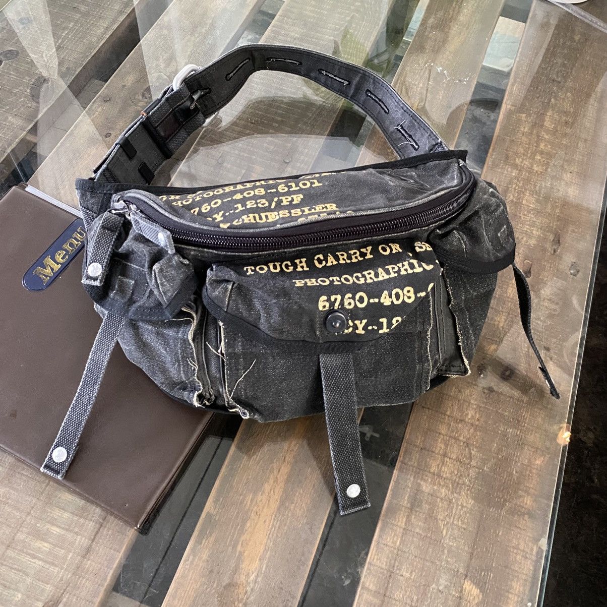 Designer TOUGH Jeansmith Black Utility Waist Bag with Yellow Print Size ONE SIZE - 19 Thumbnail