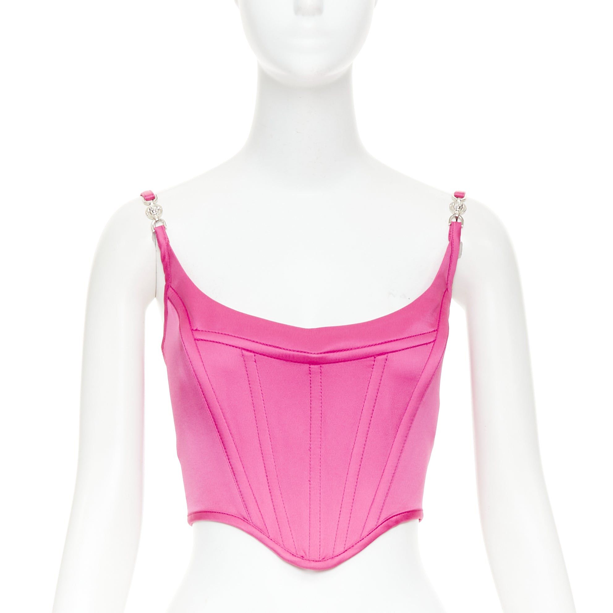 Versace new VERSACE Medusa '95 Satin Waterlilly fuschia pink boned silver buckle crop top IT42 M Size M / US 6-8 / IT 42-44 - 1 Thumbnail