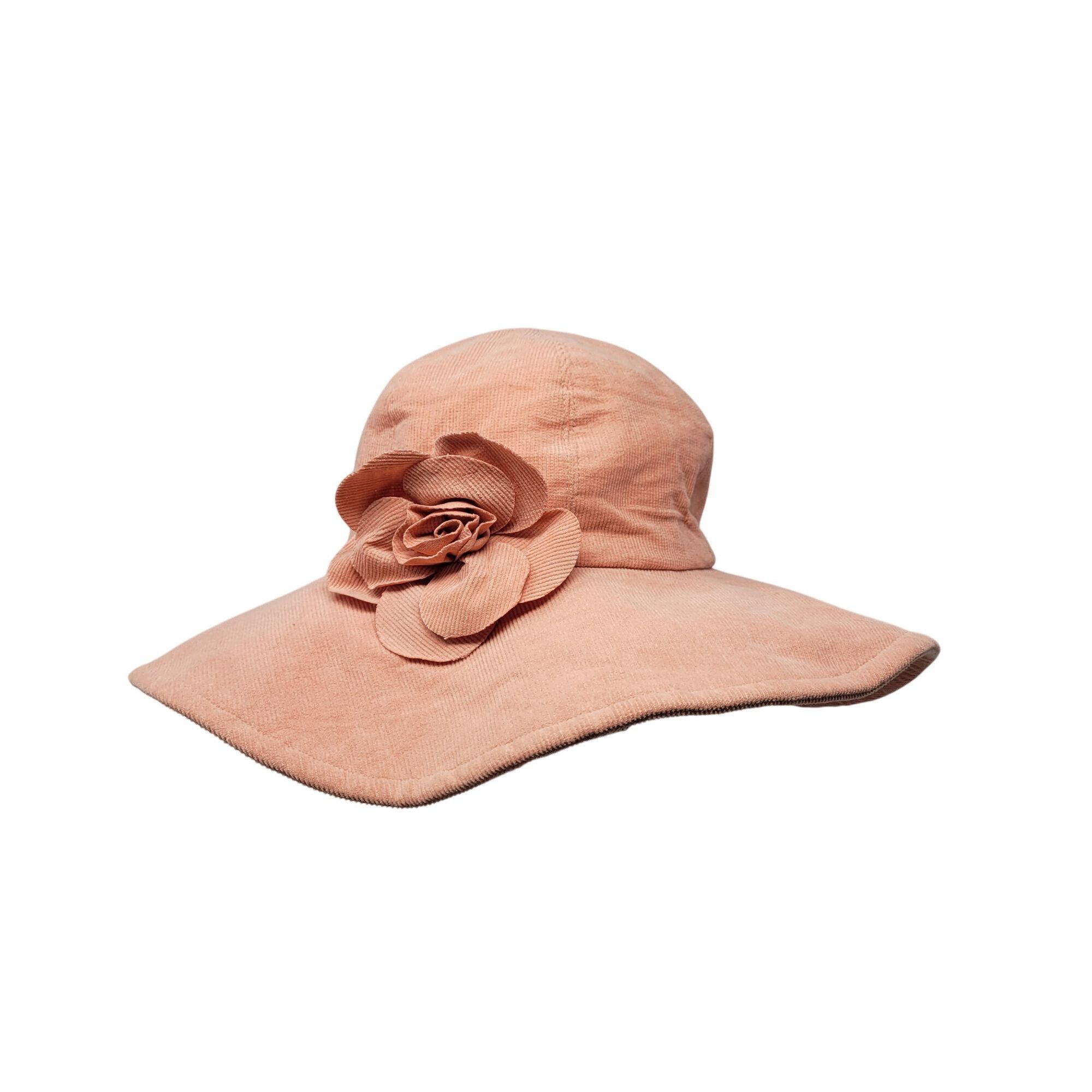 Vintage Vtg Betmar Peach Corduroy Wide Brim Sun Hat Flower Accent Co Size ONE SIZE - 1 Thumbnail