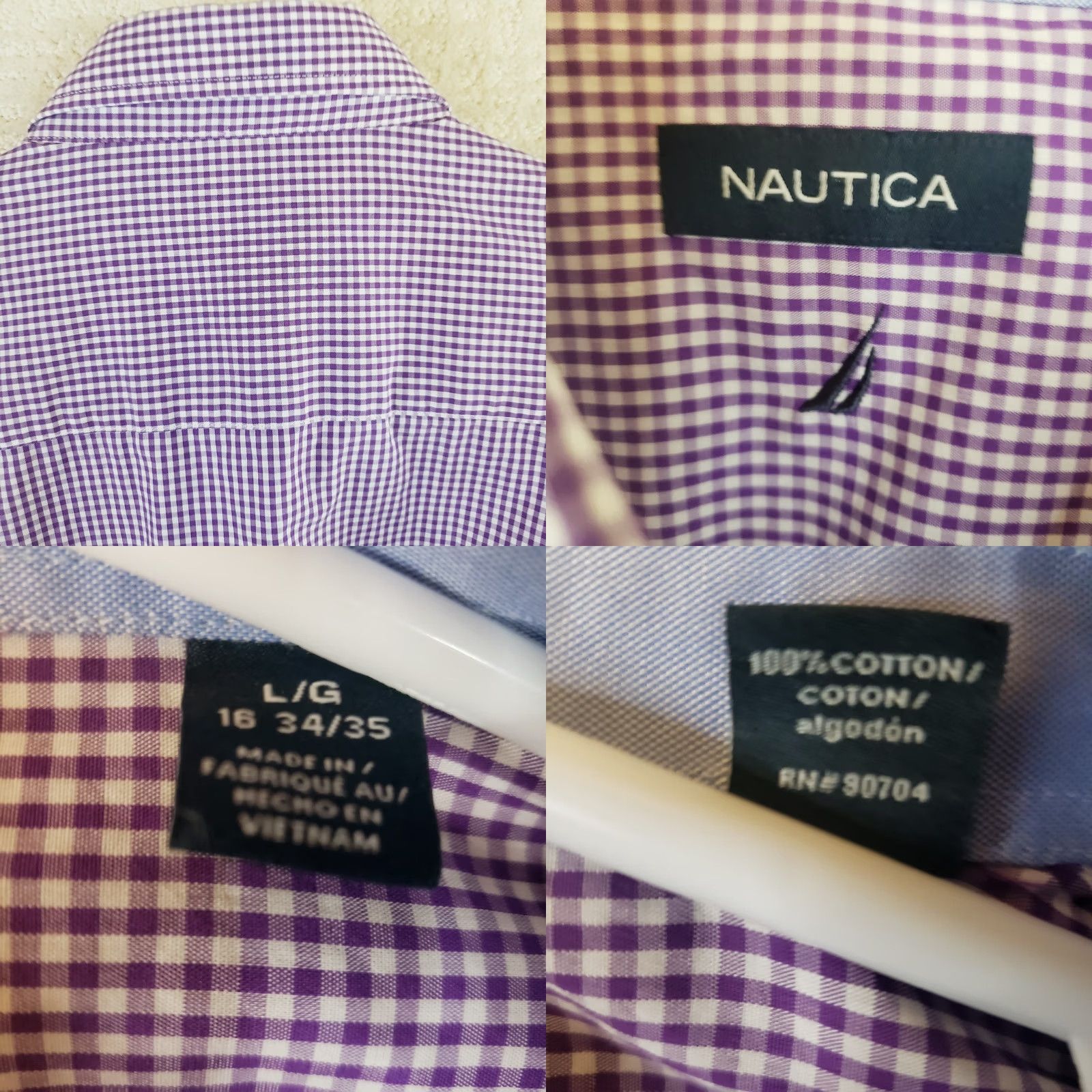 Nautica Nautica Dress Shirt Men L 16 34/35 Purple White Check Button-Down Long Sleeve Vintage Regular Size 42R - 9 Thumbnail