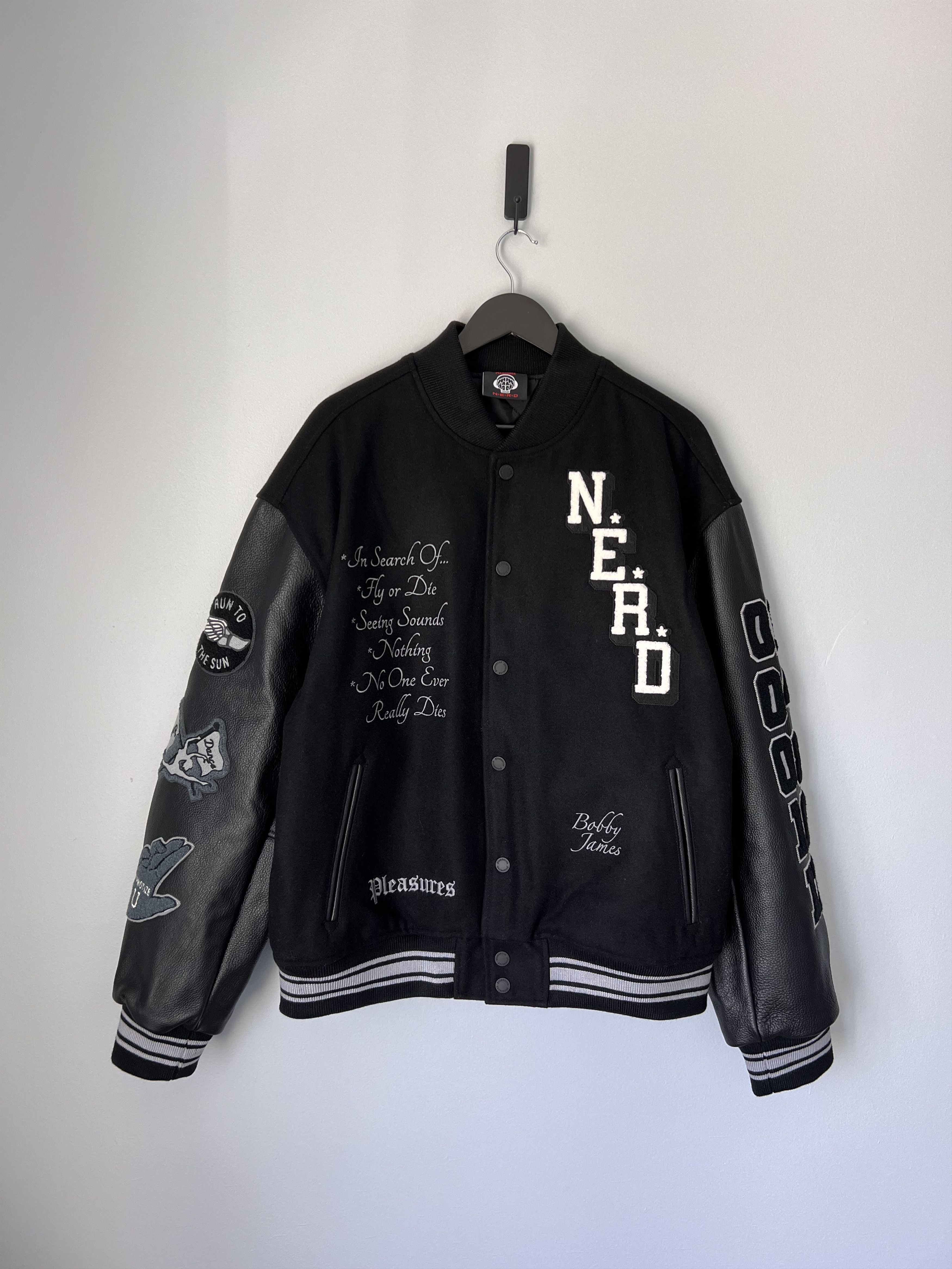 image of Pleasures Nerd Varsity Jacket In Black, Men's (Size XL)