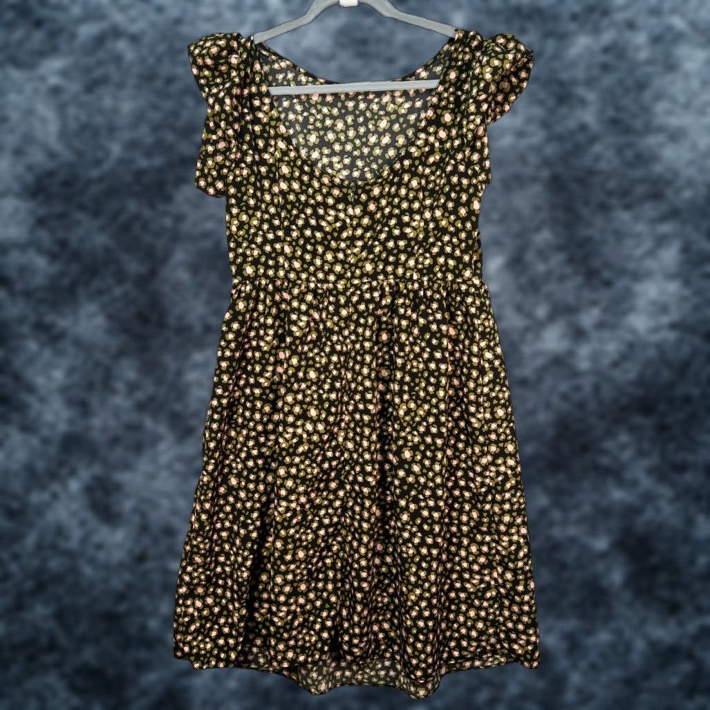 Vintage Who What Wear Womens Large Black Floral Midi Dress Flutter Sleeves Size L / US 10 / IT 46 - 1 Thumbnail