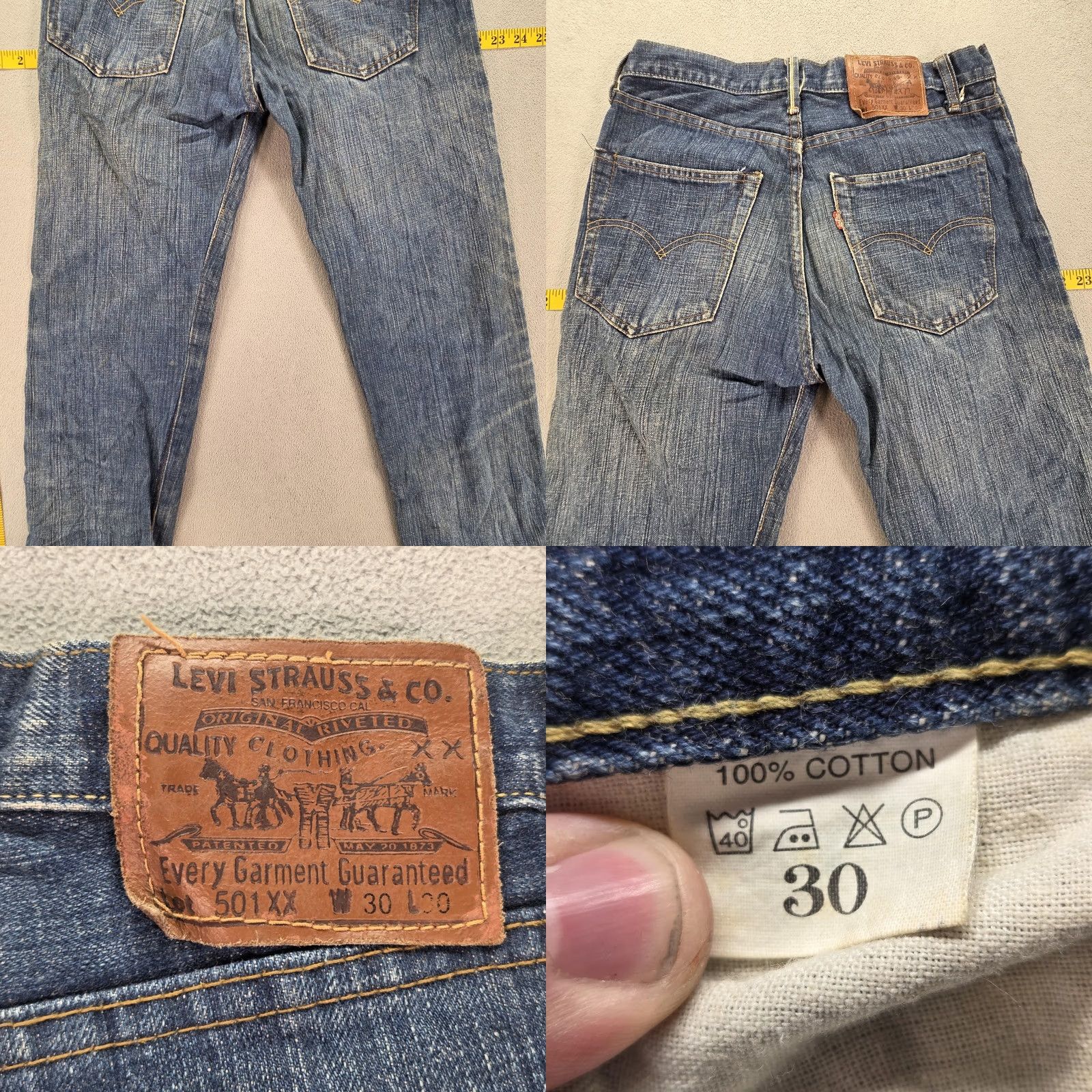 Levi's VINTAGE Levi's 501 Jeans Mens Regular 29x29 Blue Medium Wash Distressed Pockets 501 XX USA Whiskers Denim Button Fits 29 Mens Size US 29 - 10 Thumbnail