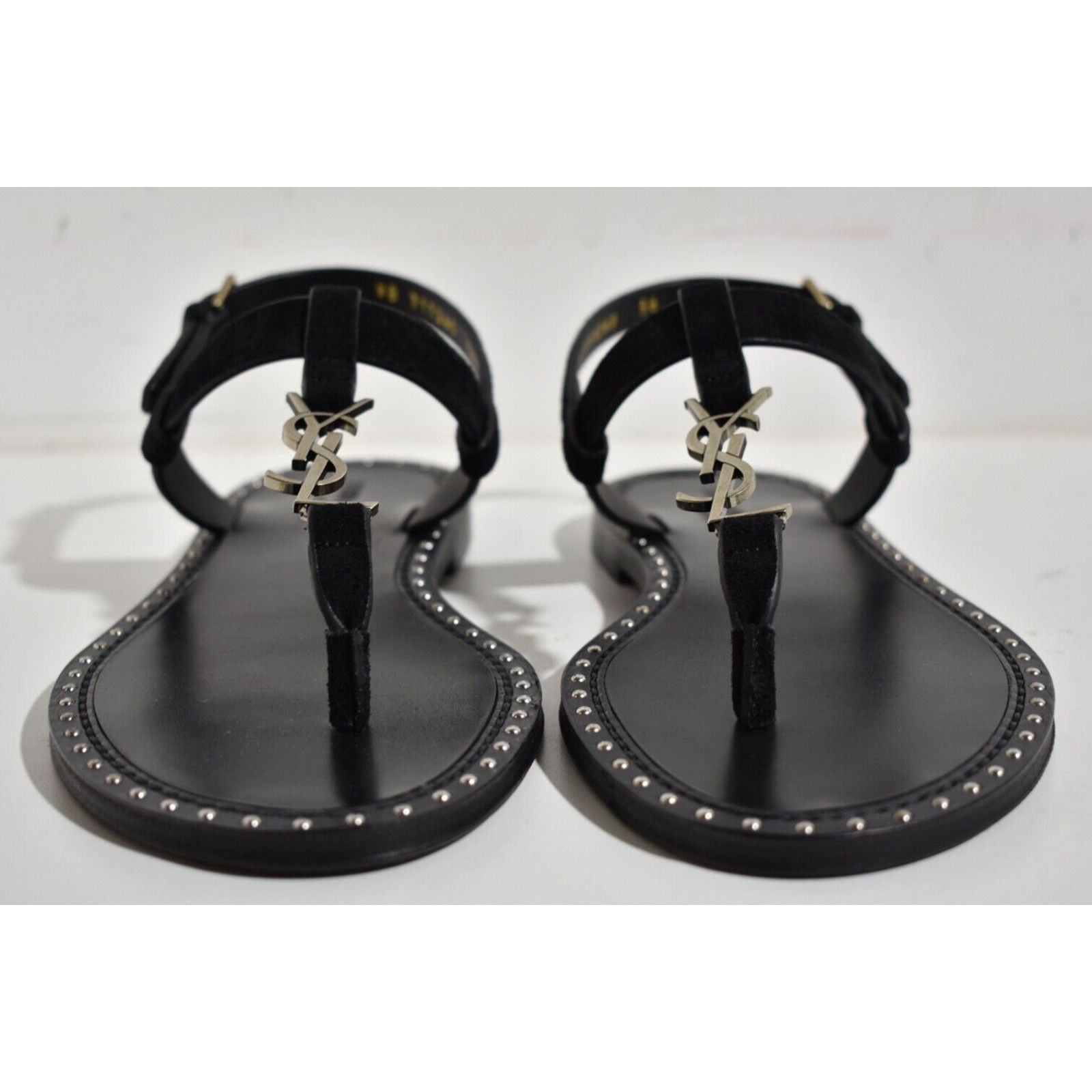 Yves Saint Laurent Saint Laurent YSL Logo Iota 05 Black Suede Studded Thong Size US 7 / IT 37 - 6 Thumbnail