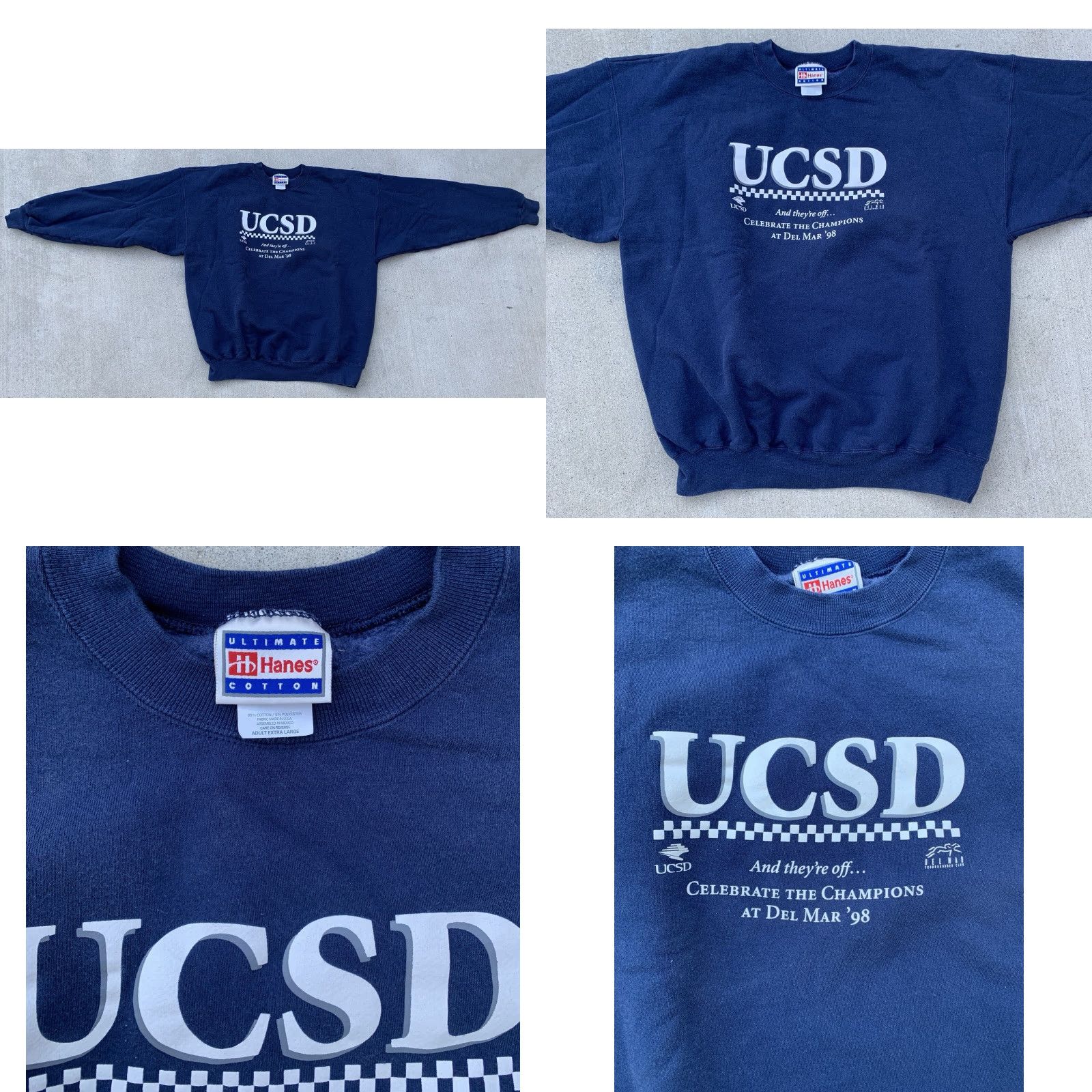 Hanes VINTAGE UCSD Del Mar ’98 Sweatshirt Horses Horse Racing Pullover Graphic Print Unisex Adults XL Blue Hanes Cotton Blend Size US XL / EU 56 / 4 - 8 Thumbnail