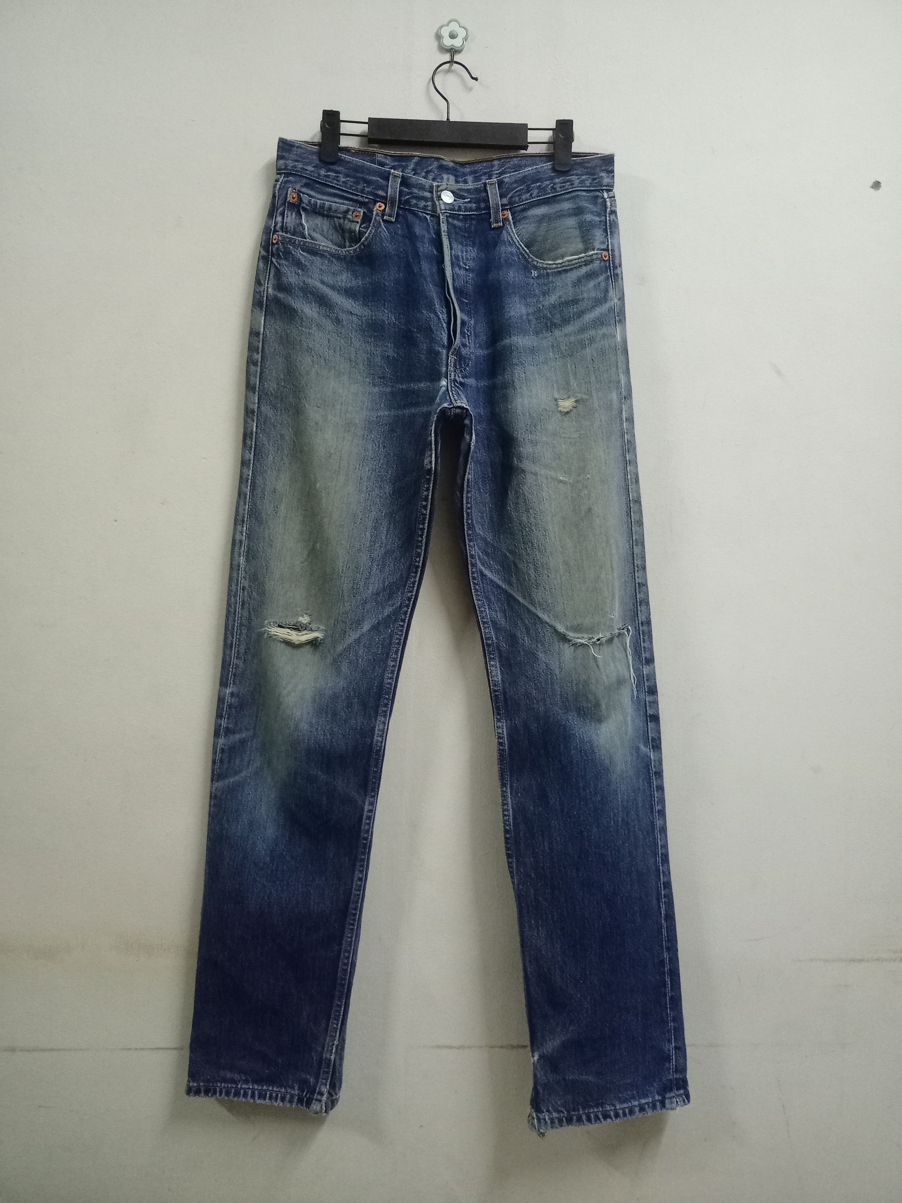 image of Distressed Denim x Levis Europe Vintage 80's Levis 501 Mud Wash Distressed Loose Jeans in Blue (Siz