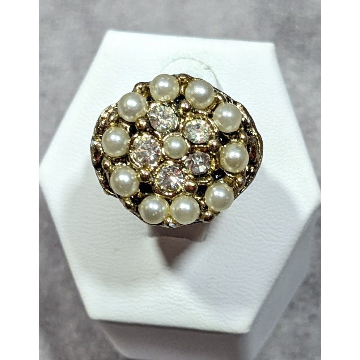 Other Vintage Glam Gold Tone Rhinestone Seed Pearl Adjustable Ring Size ONE SIZE - 6 Thumbnail