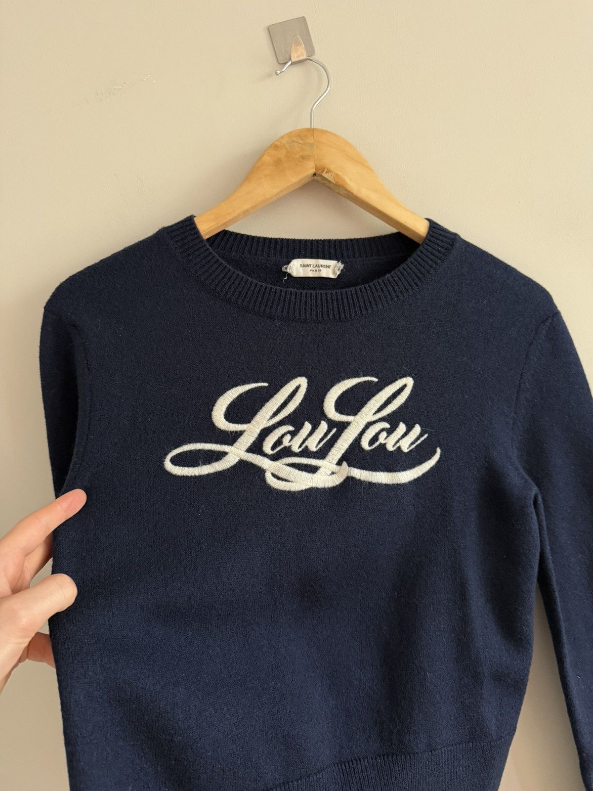 Saint Laurent Paris Saint Laurent Paris Logo Knit Sweater Navy Cropped Size XS / US 0-2 / IT 36-38 - 4 Thumbnail