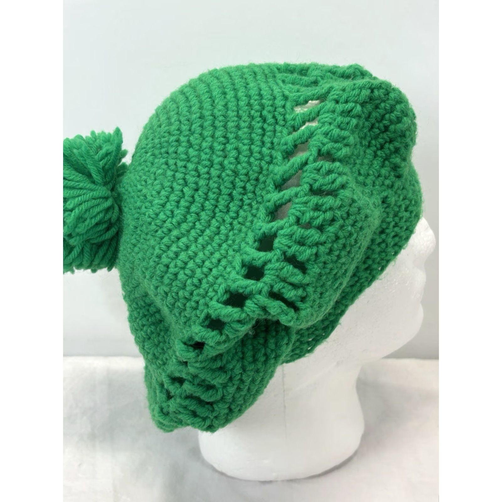 Vintage VINTAGE Handmade Beret Hat Knit Boho Hippie 1970s Kelly Green Pom Pom Floppy Accessories Mens Womens Boys Girls Size ONE SIZE - 4 Thumbnail