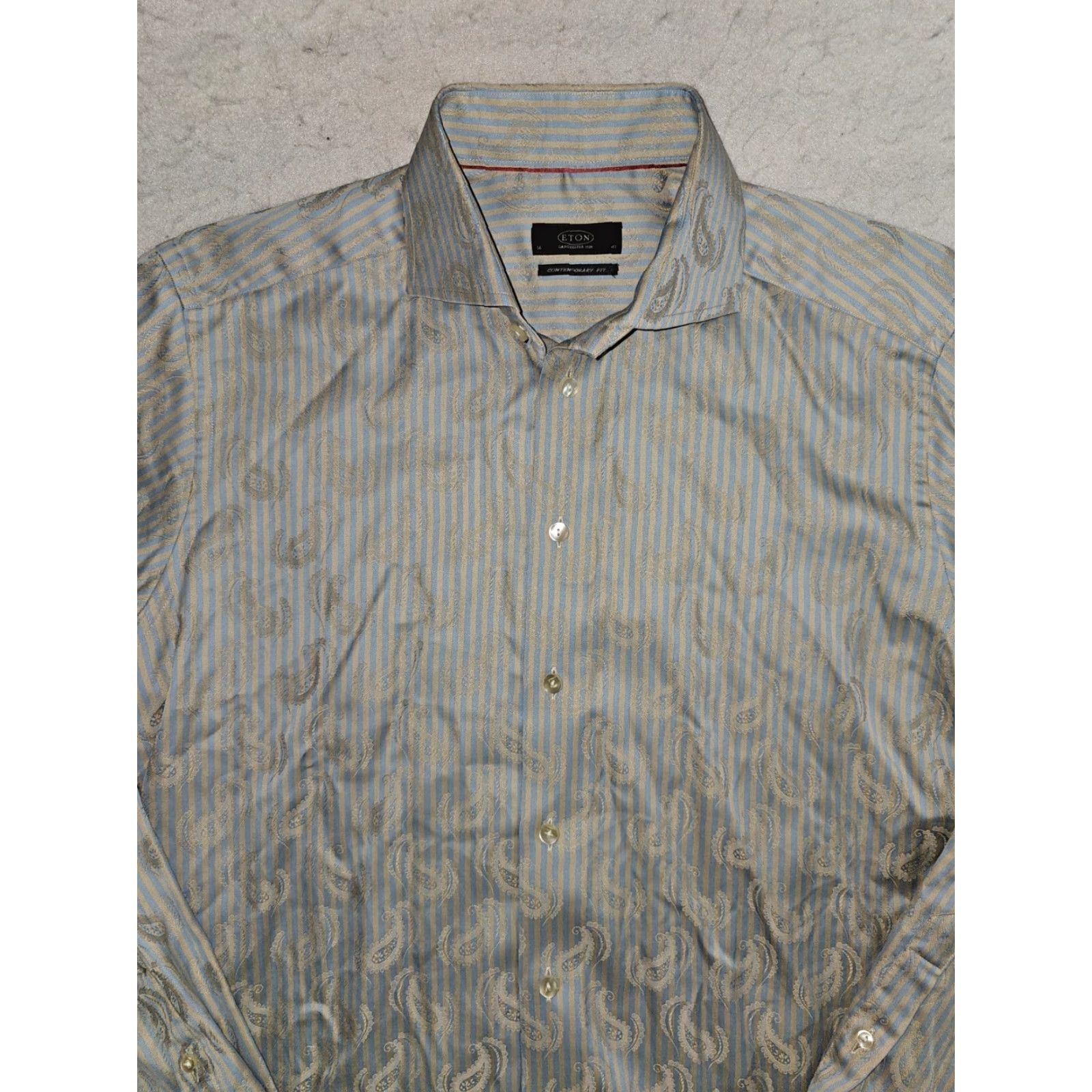 Eton ETON Contemporary Fit Paisley Design Button-Up Dress Shirt Mens 16/41 Sweden Paisley Blue 100% Cotton Mens Dress Shirt Modern Classic Size 42R - 3 Thumbnail