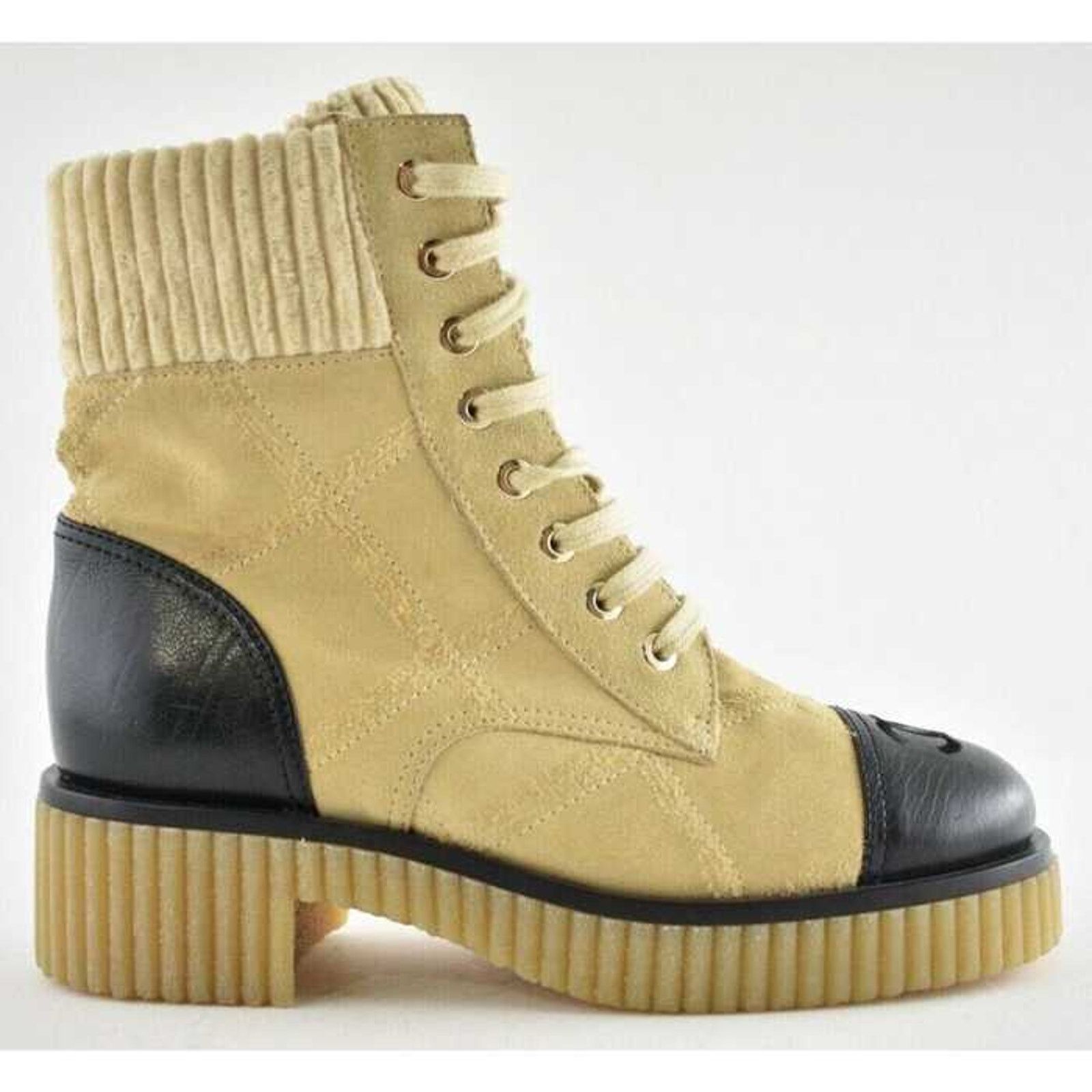Chanel Chanel 20B Beige Black Quilted CC Platform Combat Lace Up Size US 5 / IT 35 - 1 Thumbnail