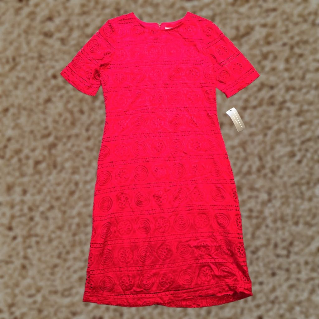 Vintage Sharagano Dress Womens Size 12 Red Lace Stretch Fitted Midi Cocktail Dressy Pencil Sheath Dress Size XL / US 12-14 / IT 48-50 - 1 Thumbnail