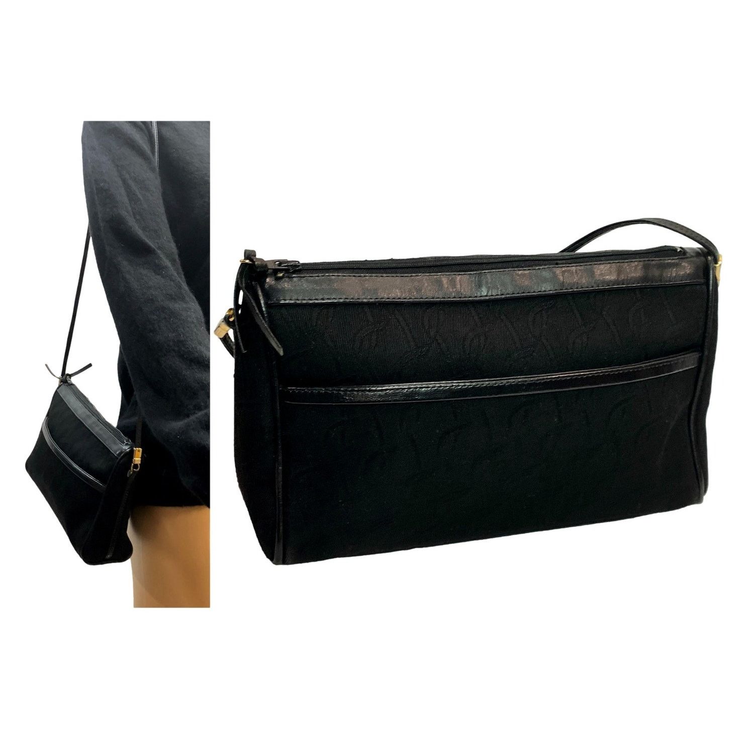 Vintage Vintage Black Signature Fabric Shoulder Bag Leather Trim Size ONE SIZE - 1 Thumbnail