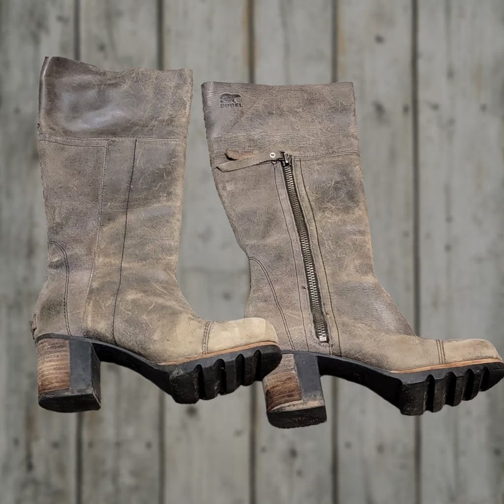 SOREL Sorel Boots NL2301 Addington Distressed Gray Leather Tall Heeled Boots M Gray Mens Womens Shoes Size 6 7 40 40? Size US 6 / IT 36 - 1 Thumbnail