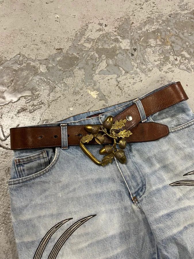 Designer × Dsquared2 × Vintage 2000s Dsquared2 Nuts & Leaves Bucke Brown Leather Belt Size ONE SIZE - 7 Thumbnail