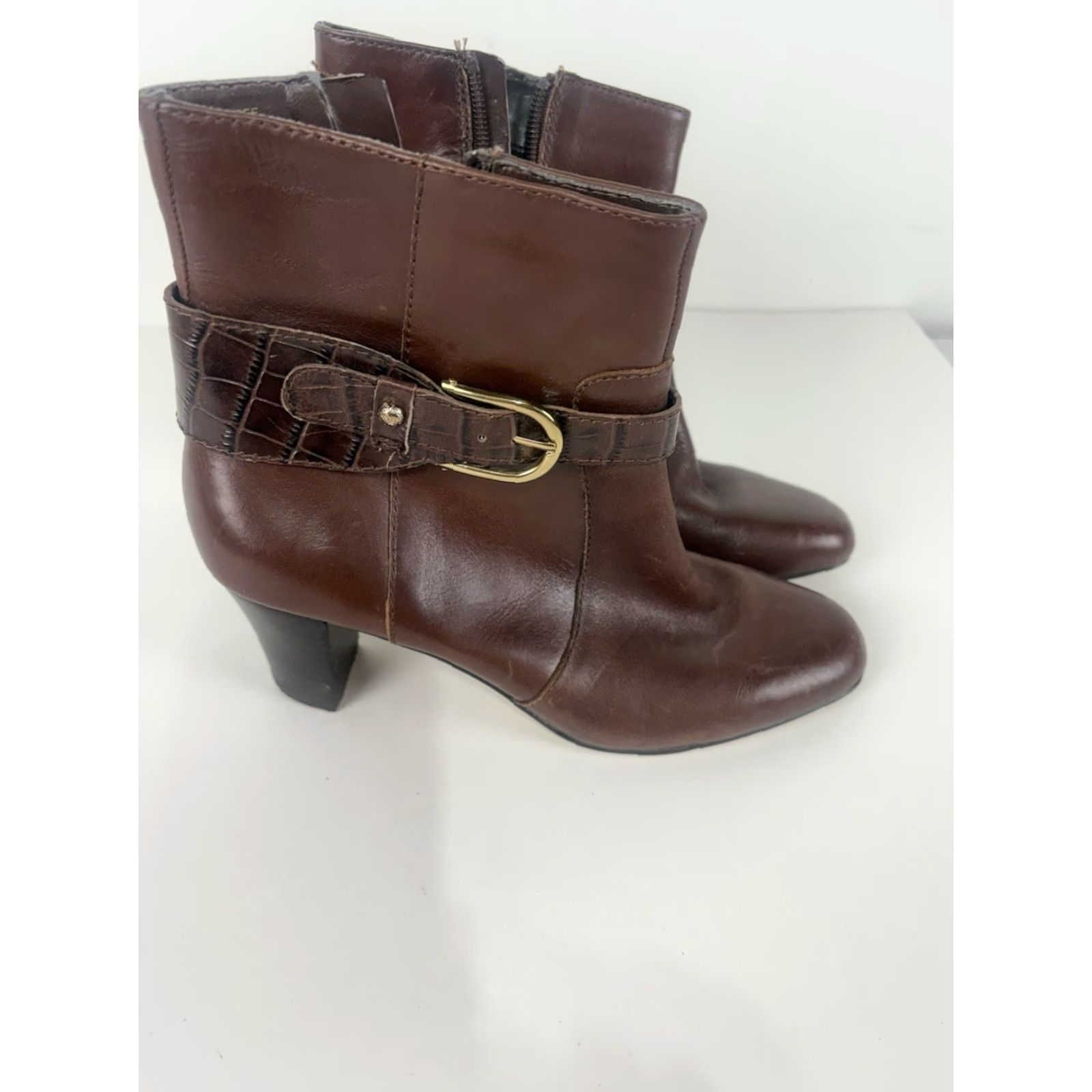 Anne Klein Anne Klein Gansee Brown Leather Boots 2.5in Chunky Heel Womens Size 6M Size US 6 / IT 36 - 4 Thumbnail