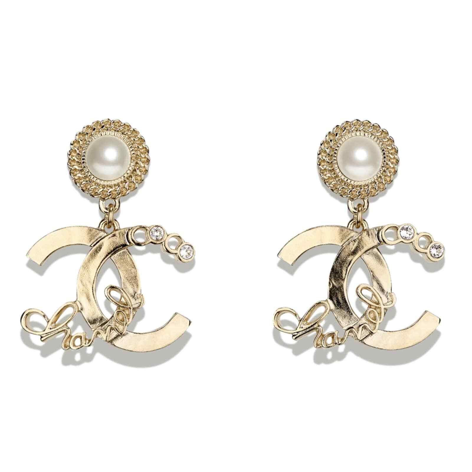 Chanel Chanel Gold Crystal Pearl White Dangle Statement Earrings Size ONE SIZE - 1 Thumbnail