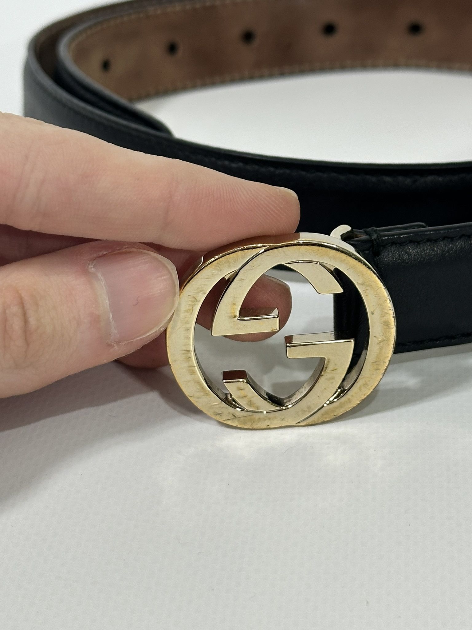 Gucci Gucci Thin Belt Black Leather Interlocking G Buckle Size ONE SIZE - 3 Thumbnail