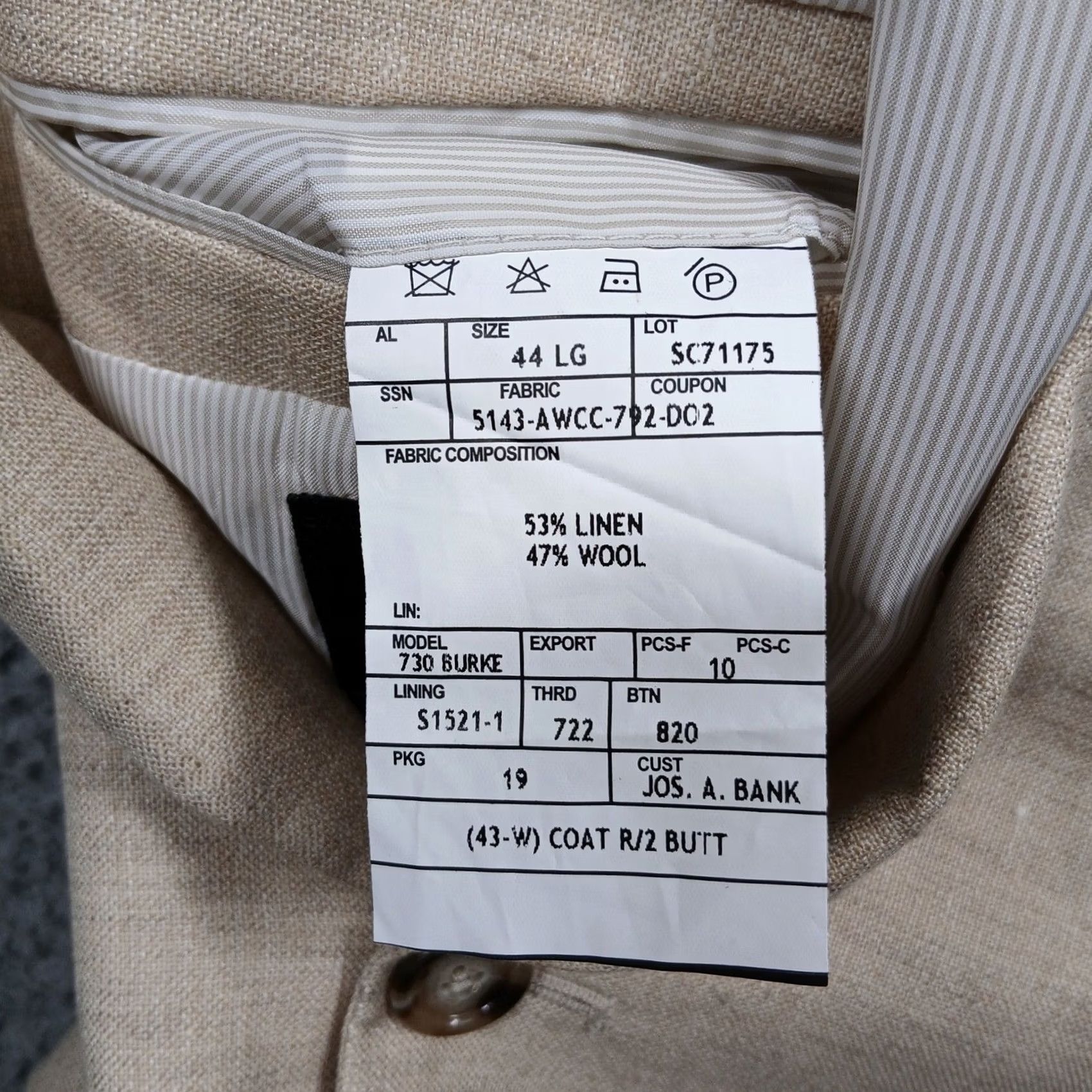 Jos. A. Bank Jos. A. Bank Men's Beige Linen Wool Blend Two Button Sport Coat Blazer 44L Size 44R - 4 Thumbnail
