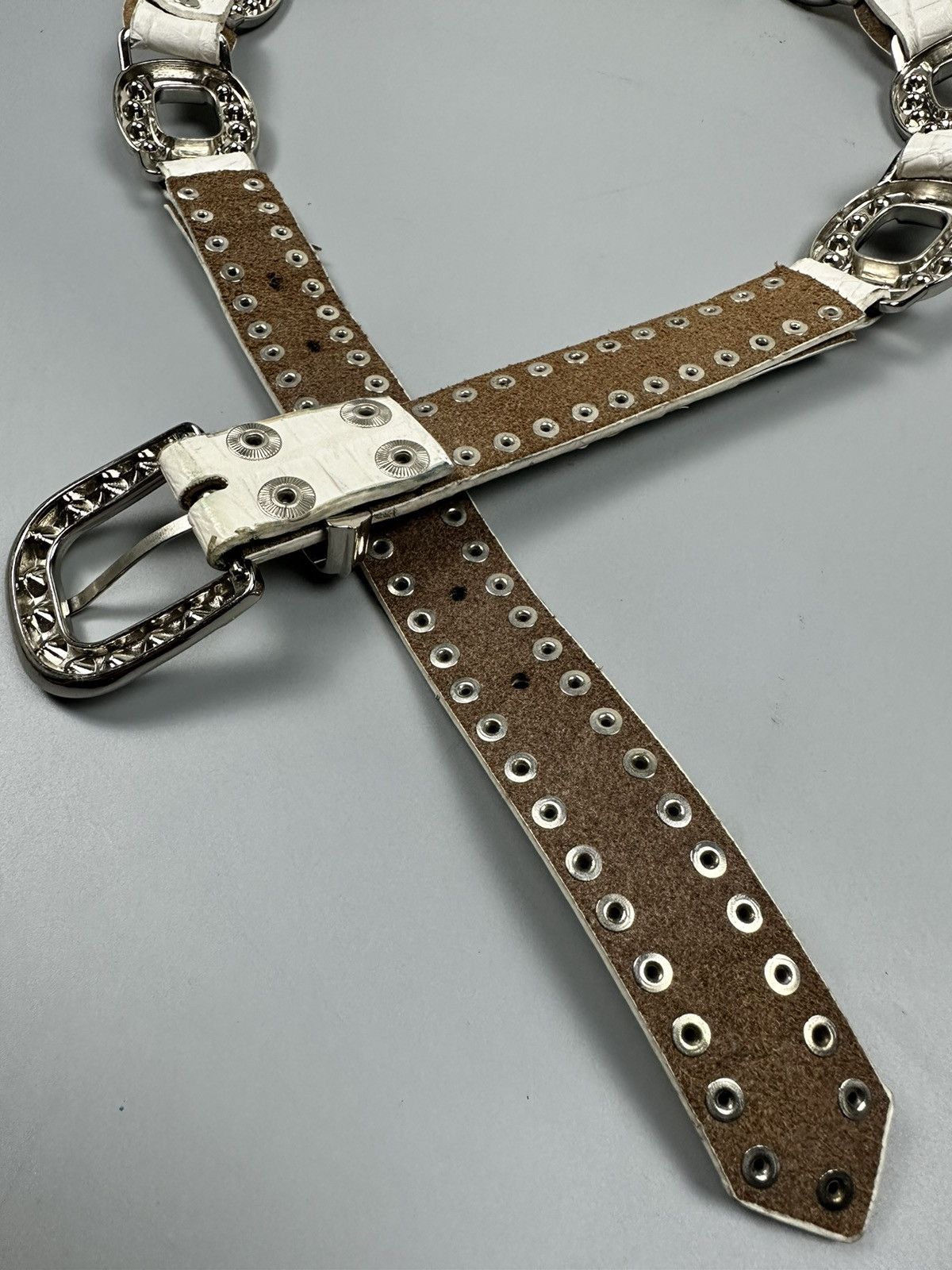 If Six Was Nine Rare Chrome Hearts Inspired White Leather Diamond Studs Belt Size 34 - 11 Thumbnail