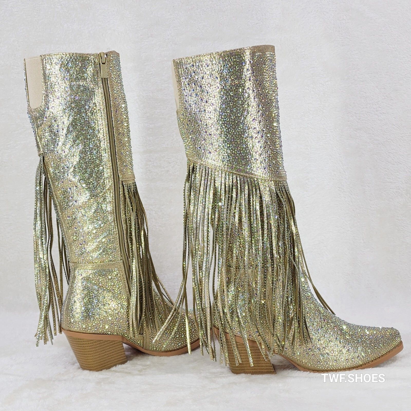 Other Western Diva Gold Asymmetrical Fringe Rhinestone Glam Cowgir Size US 8.5 / IT 38.5 - 2 Thumbnail