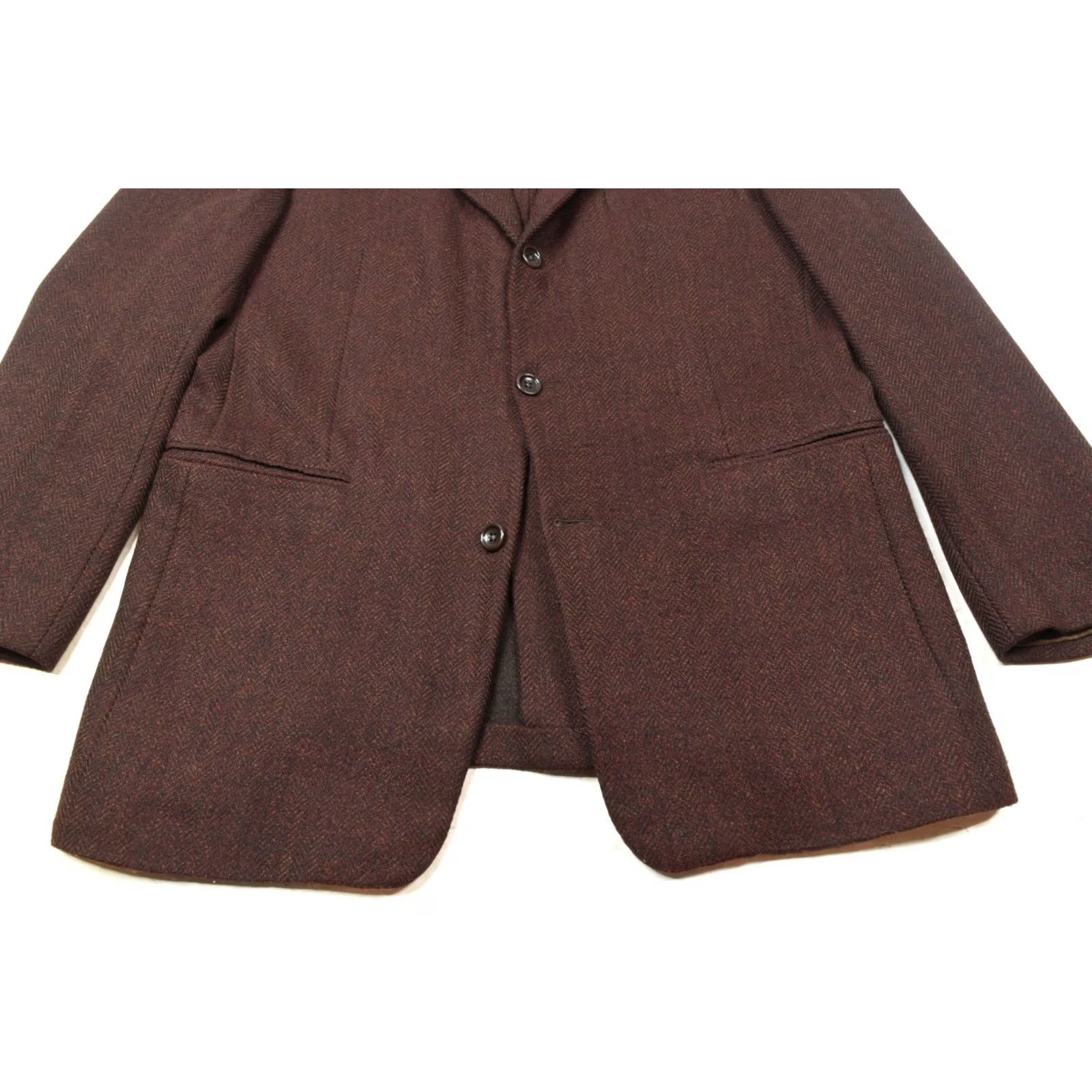 Vintage Hickey Freeman Blazer Mens 41R Maroon Herringbone Three-Button Wool Tweed Notch Lapel Single-Breasted Regular Fit Dress Coat Jacket Ensemble Size 42R - 4 Thumbnail