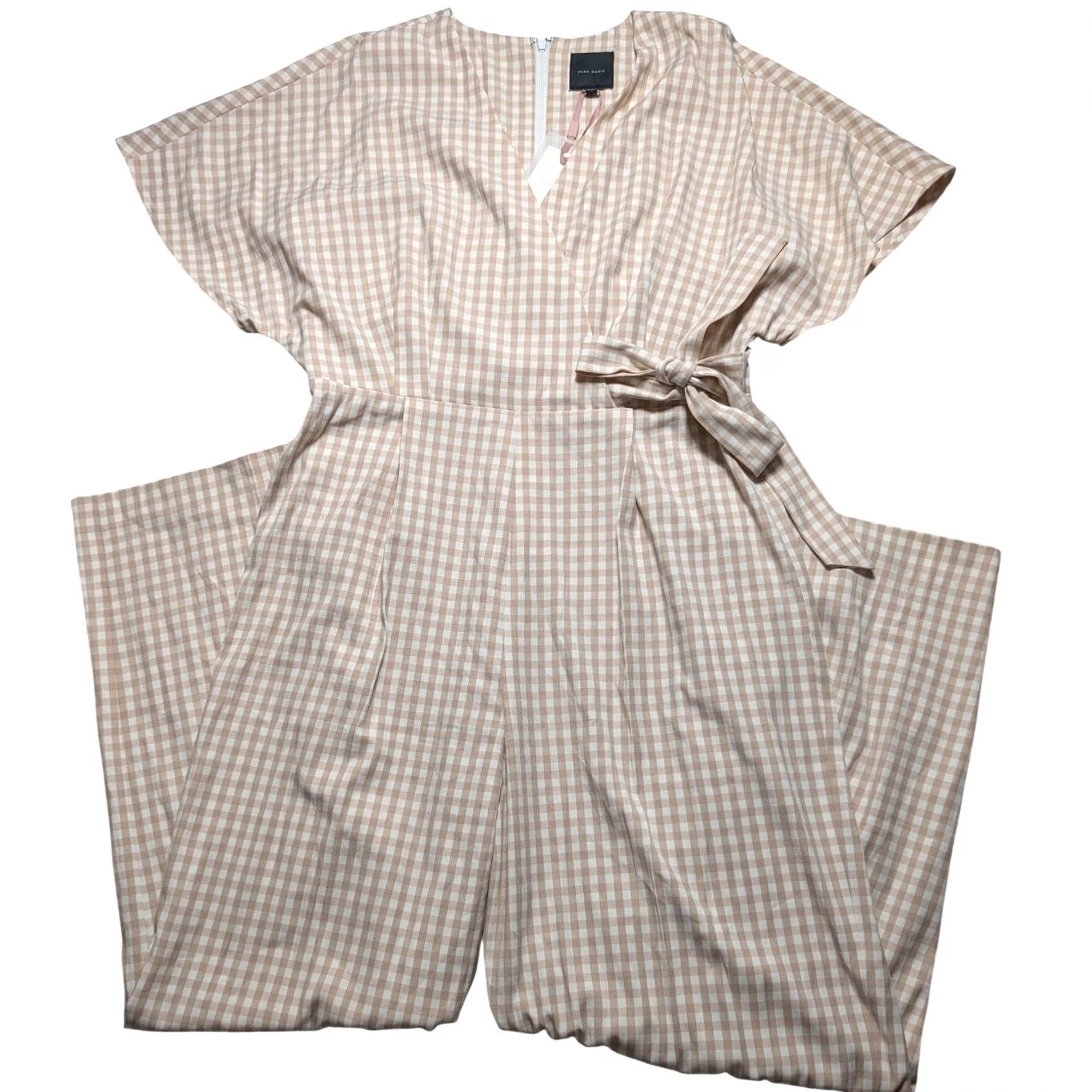 Vintage Alex Marie Jumpsuit Gingham Wide-Leg Women 16 Beige Flutter Sleeve V-Neck Belted Tie Inseam 30in Short Sleeve Vintage? No Size 38" / US 16 / IT 52 - 2 Thumbnail