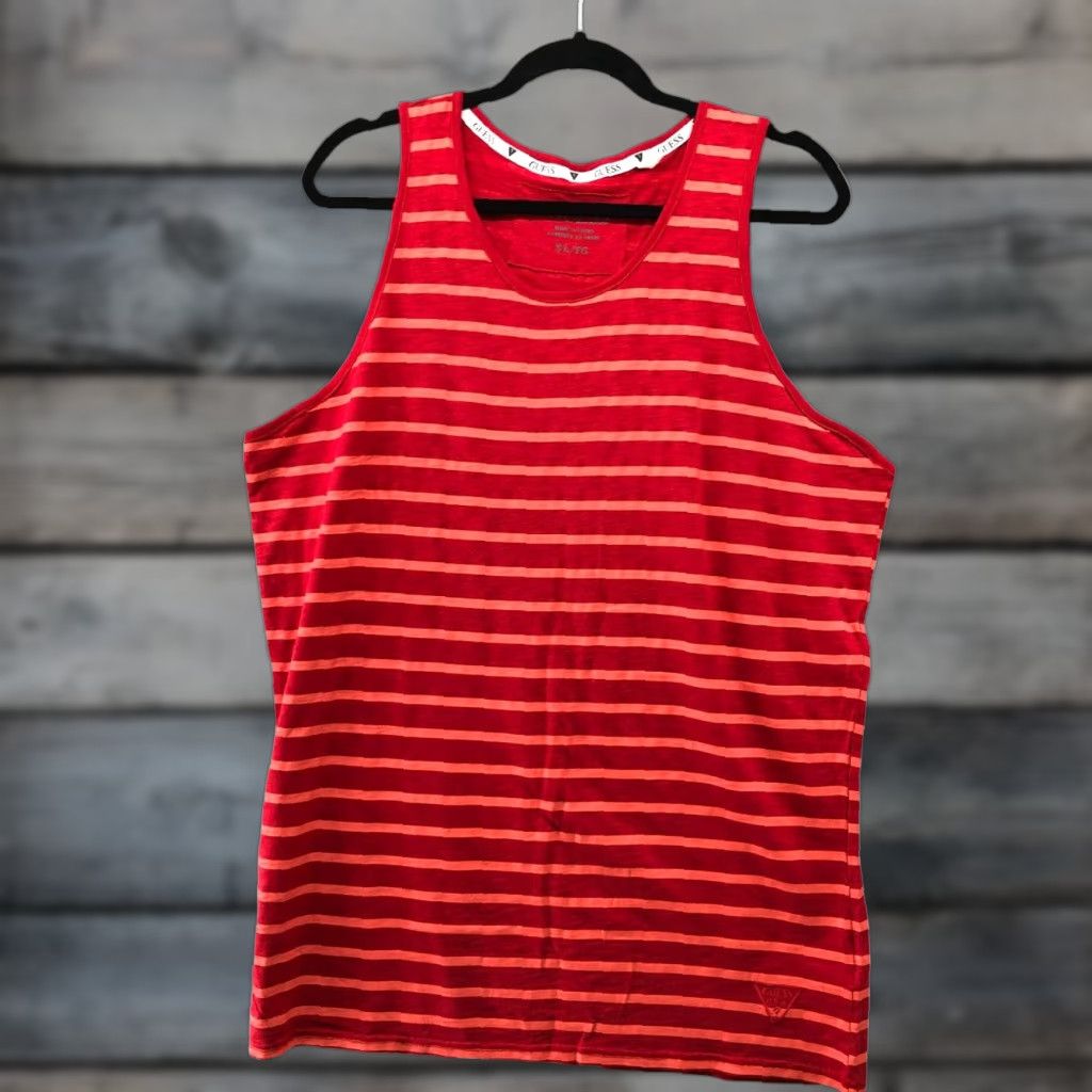 Guess VINTAGE GUESS Tank Top Mens XL Red Pink Striped Cotton Sleeveless Crew Neck Embroidered Logo Summer Size US XL / EU 56 / 4 - 1 Thumbnail