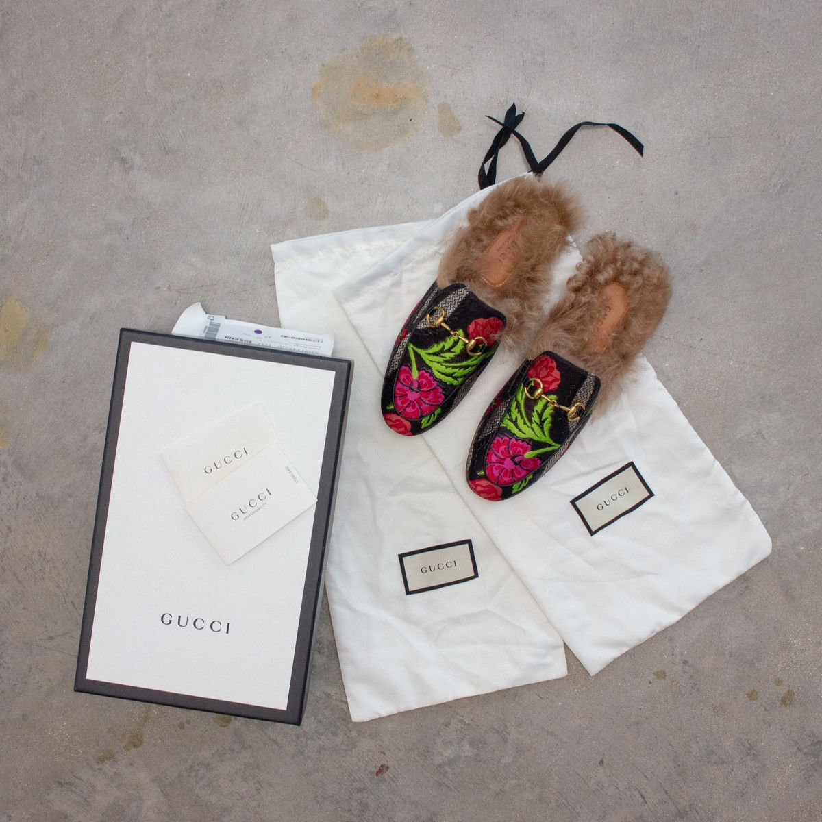 Gucci 920$ GUCCI 454613 Fur Floral Brocade Slippers Size US 7 / IT 37 - 2 Thumbnail