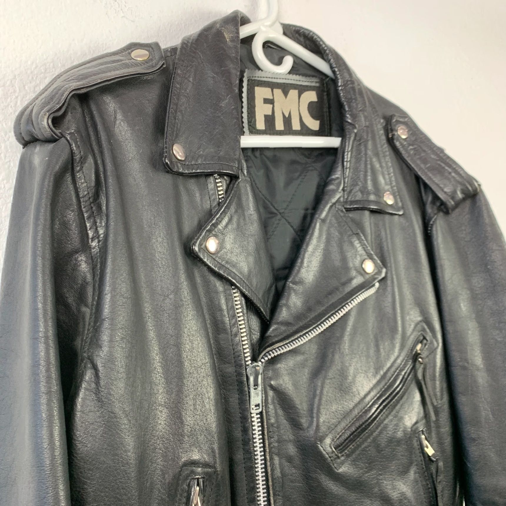 Vintage VINTAGE FMC Leather Black Silver Moto Jacket 46 Men’s 90s Biker Riding Short Zip Full Zip Size US S / EU 44-46 / 1 - 2 Thumbnail