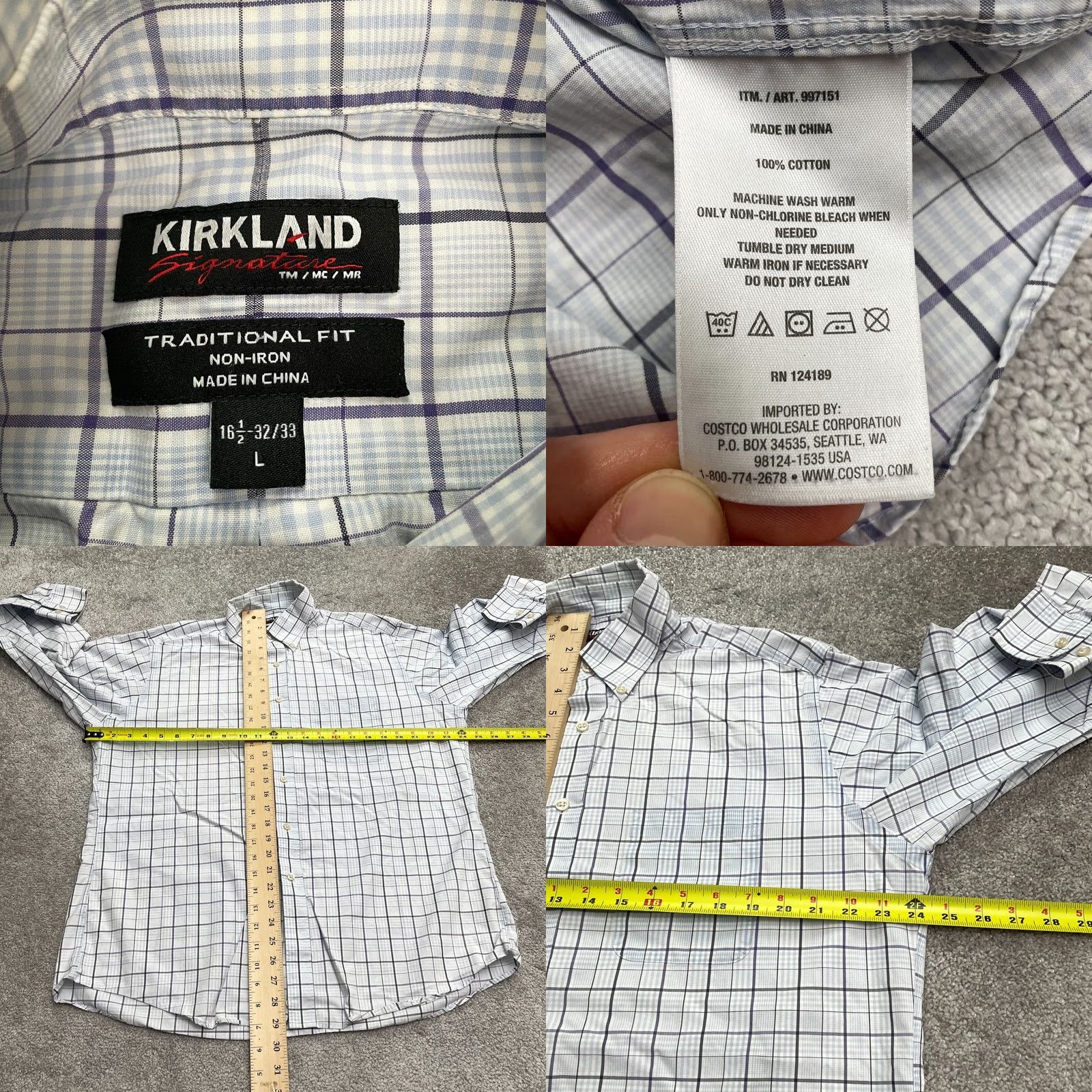 Vintage Kirkland Signature Traditional Fit Non Iron Dress Shirt Blue Plaid Mens Large Size 42R - 8 Thumbnail