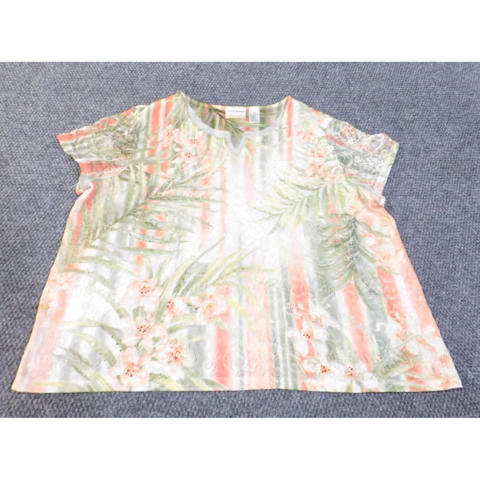 Vintage Alfred Dunner Blouse Womens 2X Green Floral Geometric Sheer Short Sleeve Lace Collared Pullover Plus Size Regular Fit Classic Vintage: No Size XXL / US 16-18 / IT 52-54 - 5 Thumbnail