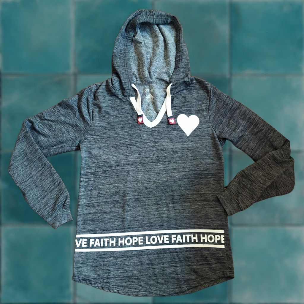 Hope On Fire Women's Gray V-Neck "Faith, Hope, Love" Hoodie Sweater XL Sweatshirt, Pullover, Long Sleeve, Casual Winter Wear, Guatemala B790 Size XL / US 12-14 / IT 48-50 - 1 Thumbnail