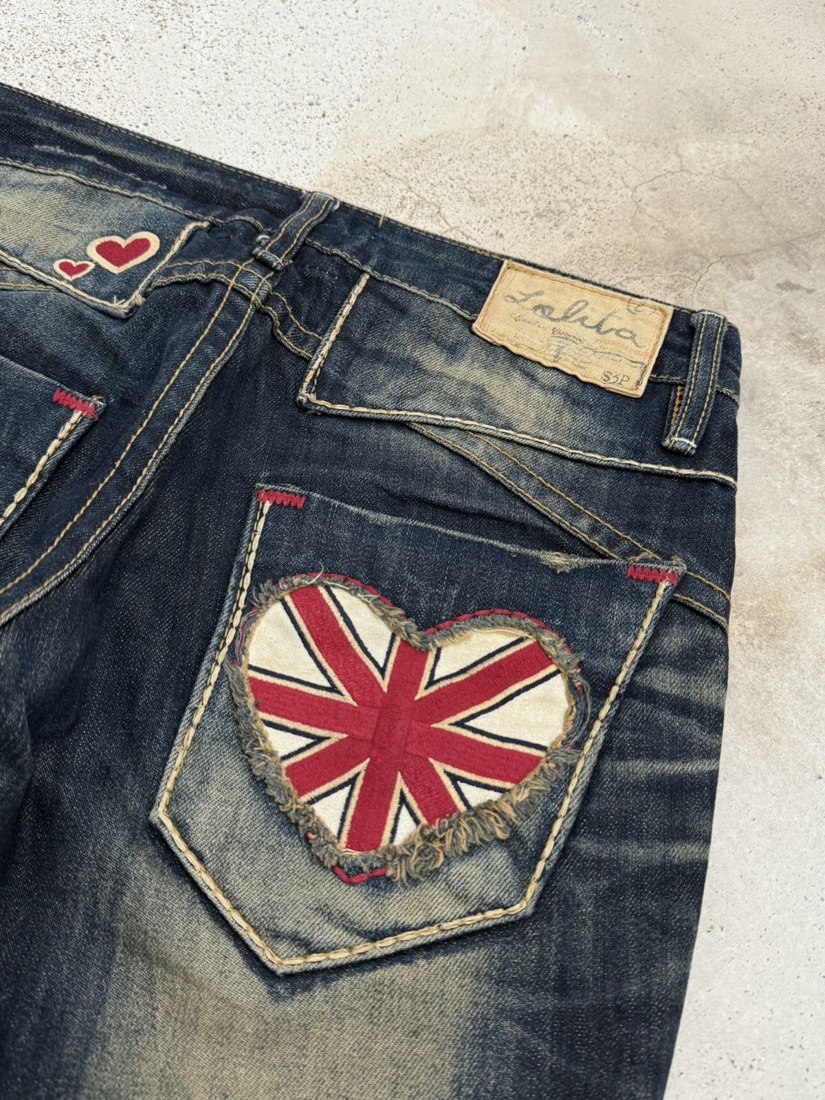 Japanese Brand Lolita Dark Mudwash Whisker Embroidery Flare Denim Pants Size US 27 - 18 Thumbnail