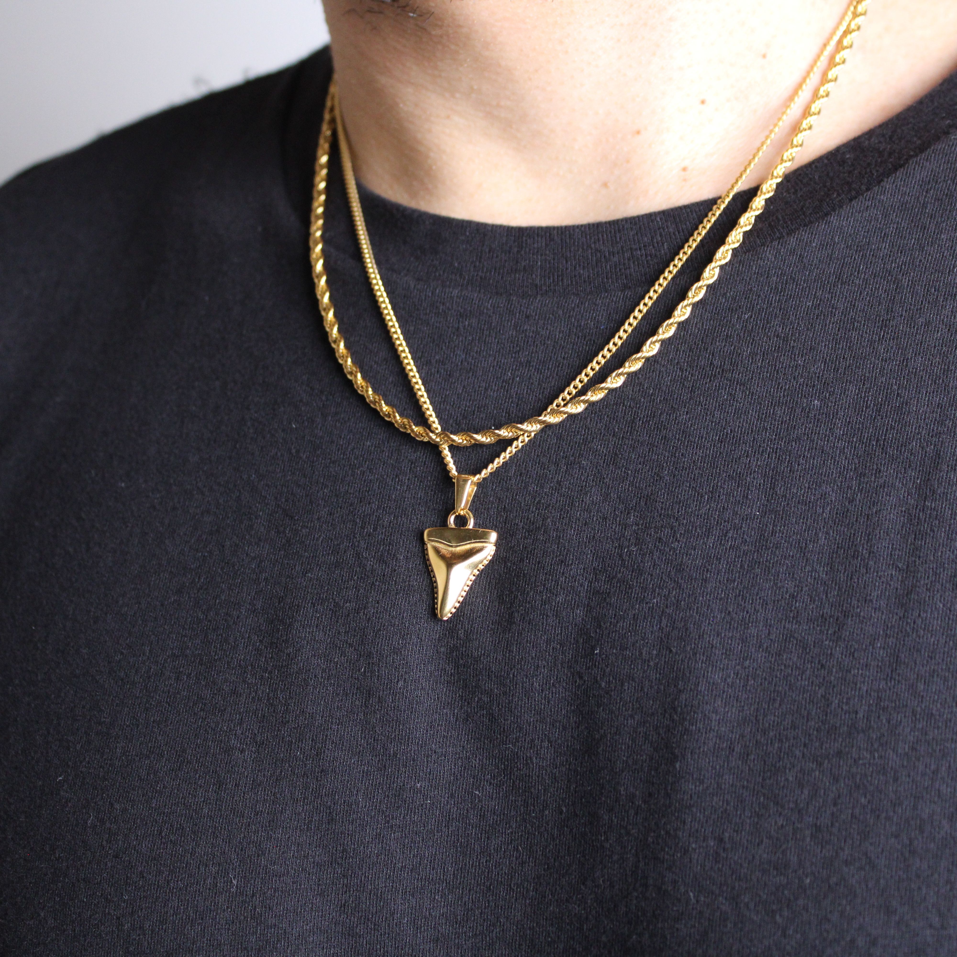 Jewelry Gold Shark Tooth Pendant Necklace & 3mm Rope Chain Set Size ONE SIZE - 1 Thumbnail
