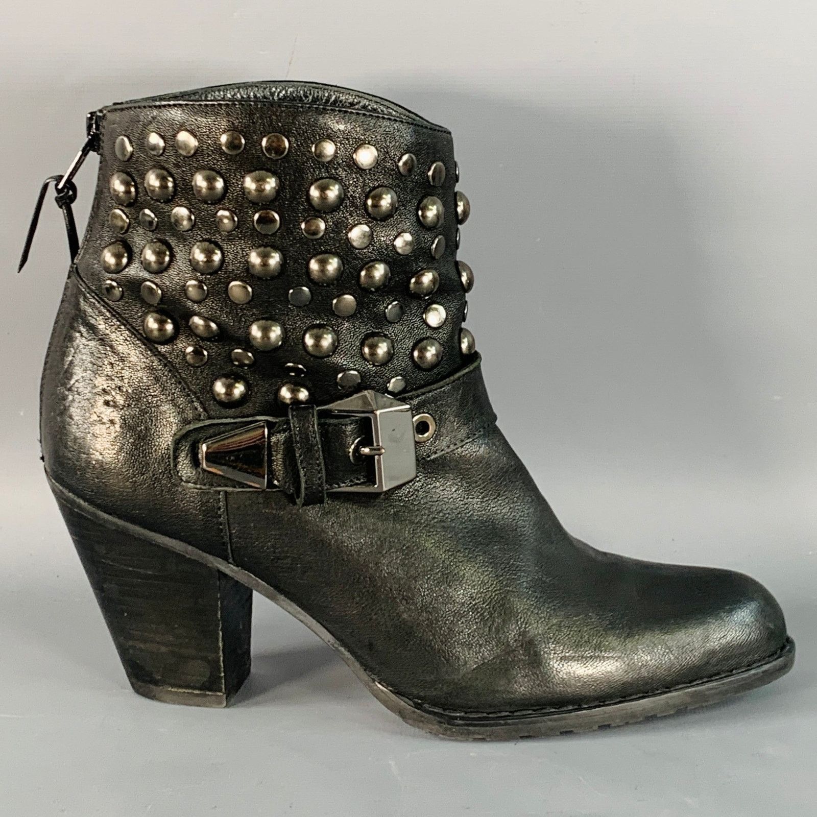 Stuart Weitzman 7 Black Leather Studded Zip Belted Ankle Booties Size US 7 / IT 37 - 2 Thumbnail