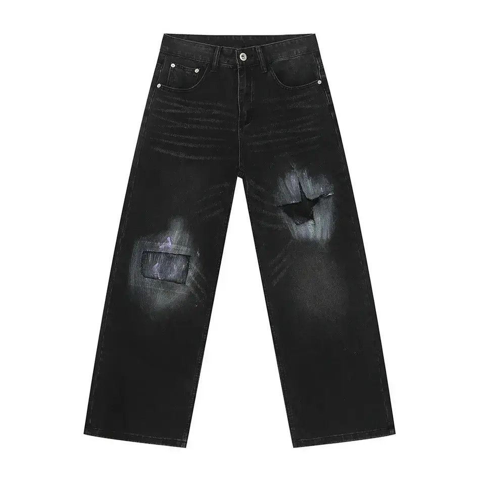Japanese Brand Retro loose straight black ripped jeans Size US 32 / EU 48 - 6 Thumbnail
