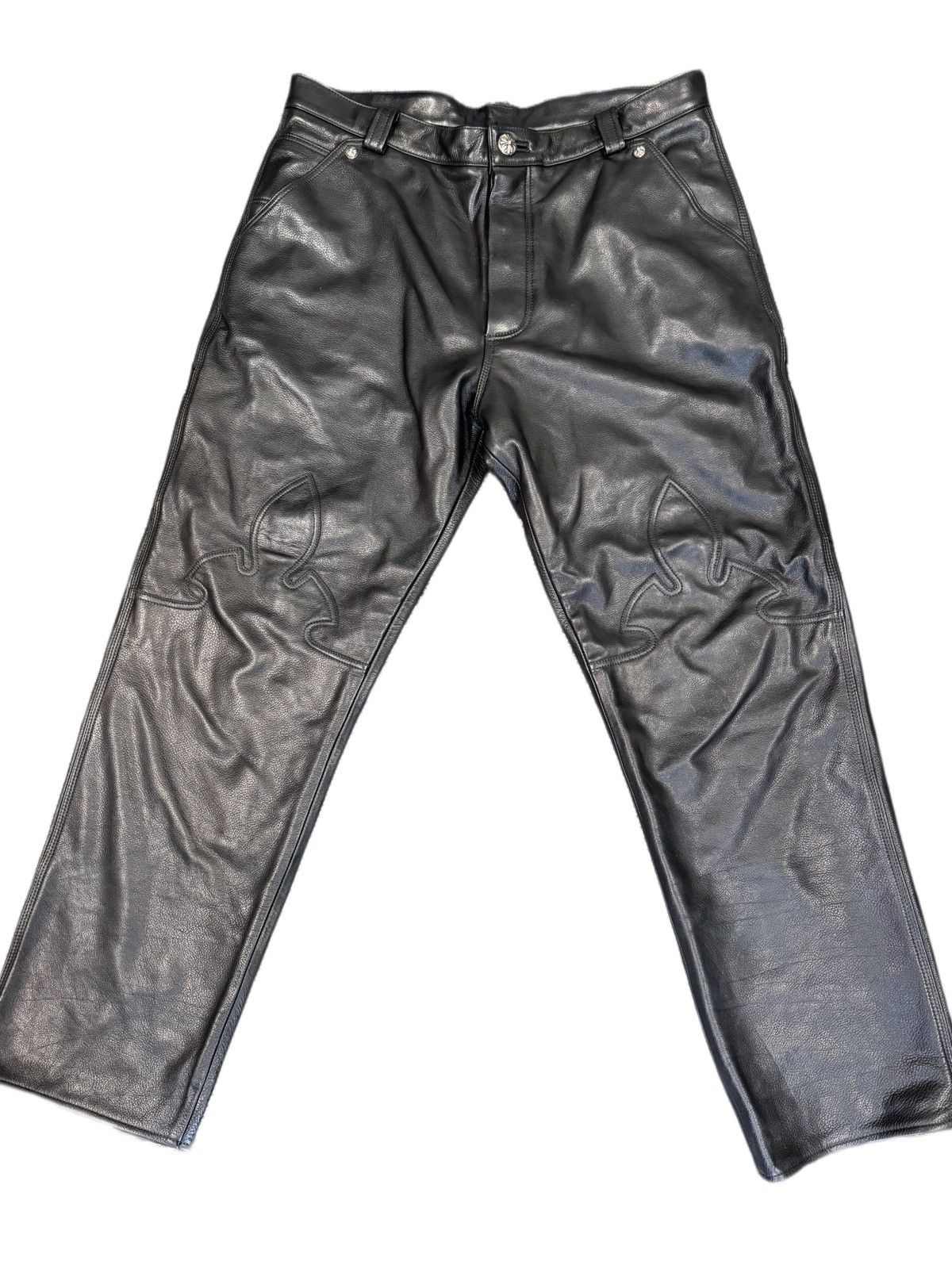 image of Chrome Hearts Leather Fleur Jeans in Black, Men's (Size 36)