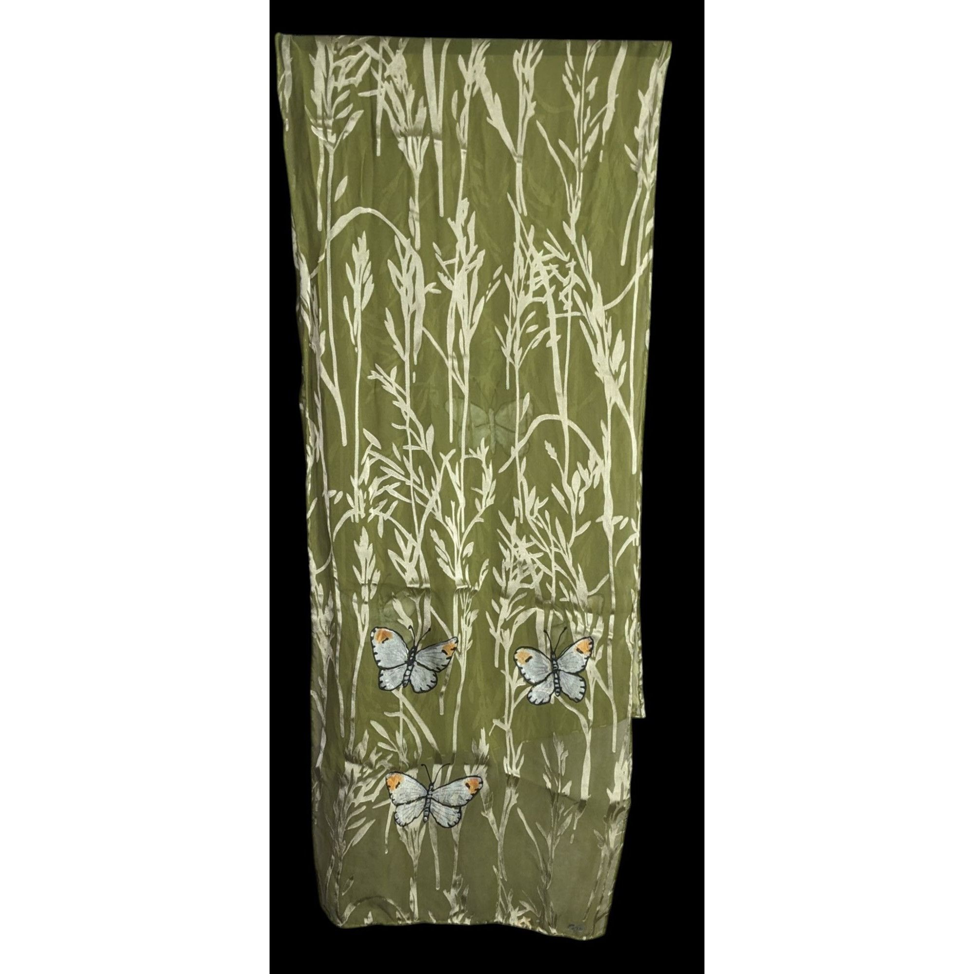 Handmade Vintage Handmade Cottagecore Green Silk Scarf With Hand-Pain Size ONE SIZE - 1 Thumbnail