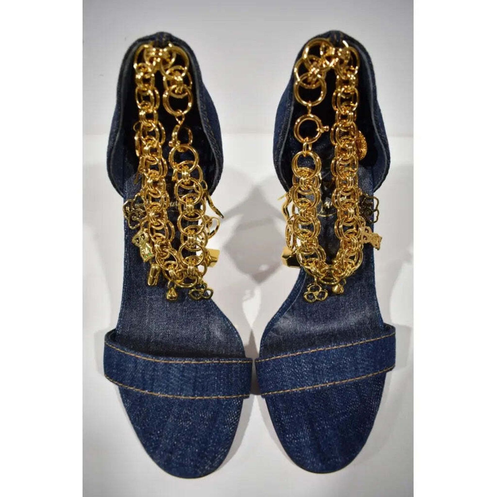 Christian Louboutin Gourmi Sandal 100 Denim Gold Charm Ankle Strap Heel Pump 37 Size US 7 / IT 37 - 7 Thumbnail