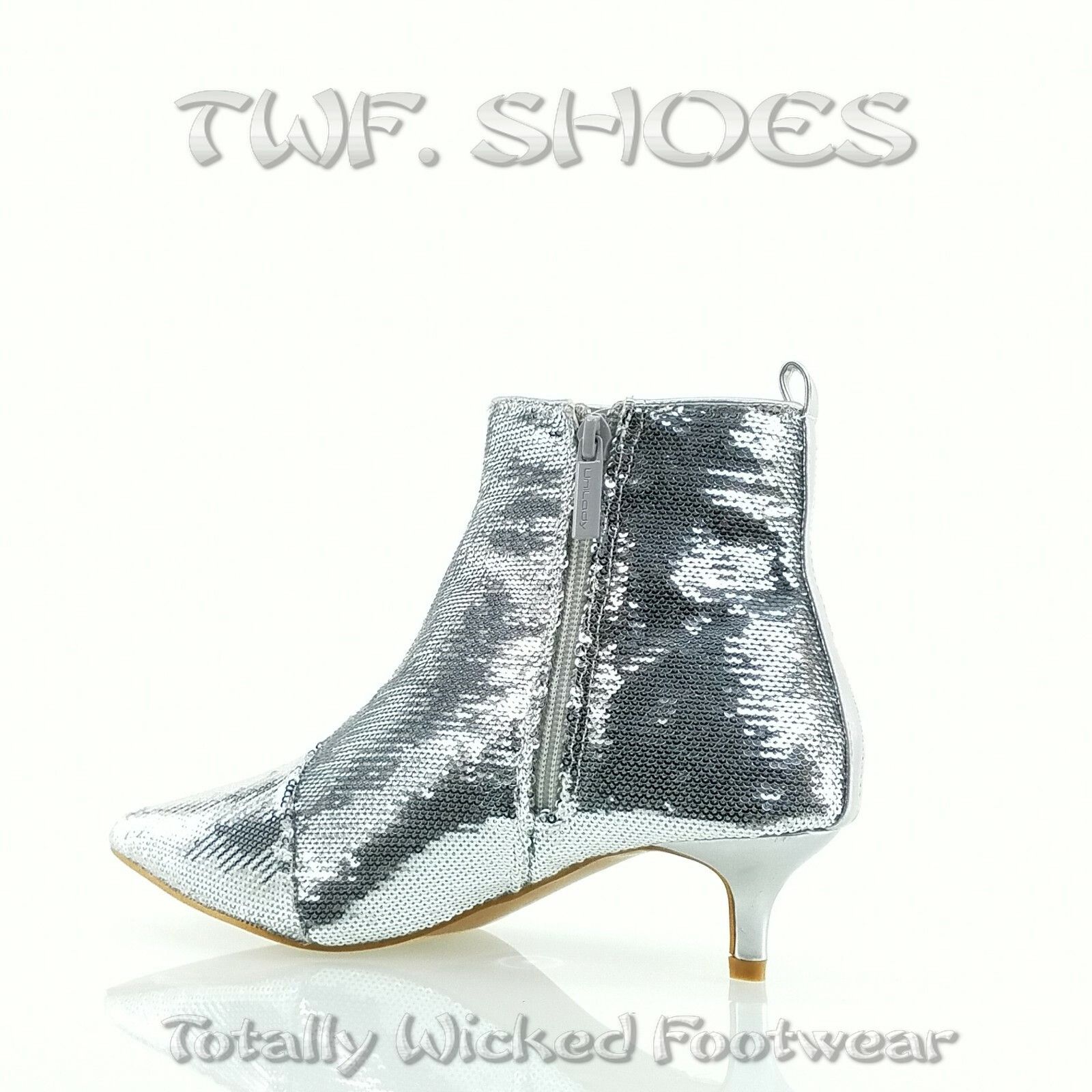 Other Harmoni Silver Sequin Pointy Toe 1.5" Kitten Heel Ankle Boot Size US 8 / IT 38 - 5 Thumbnail